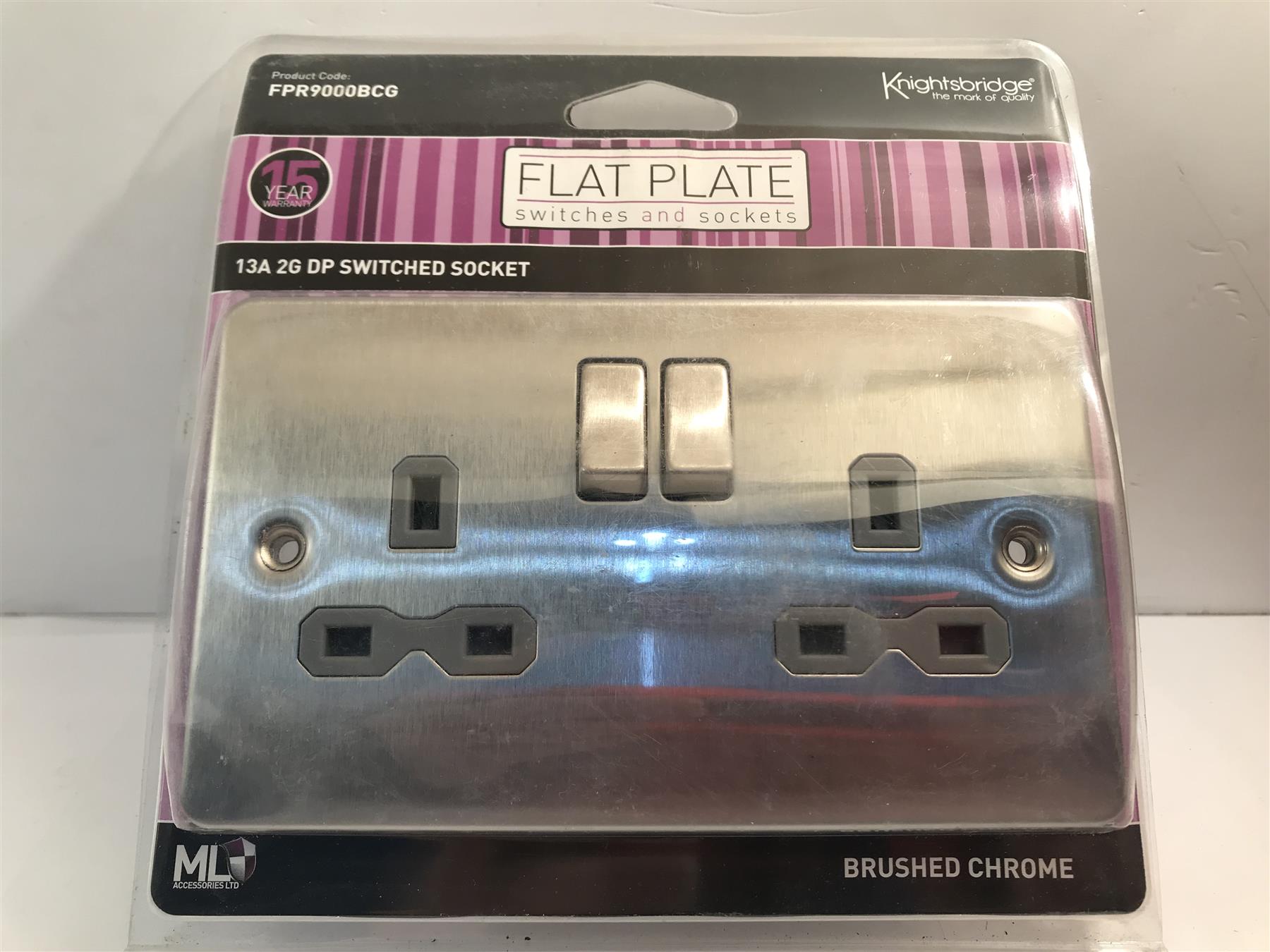 Knightsbridge Chrome 13a 2 Gang Switched Socket Grey Insert  FPR9000BCG