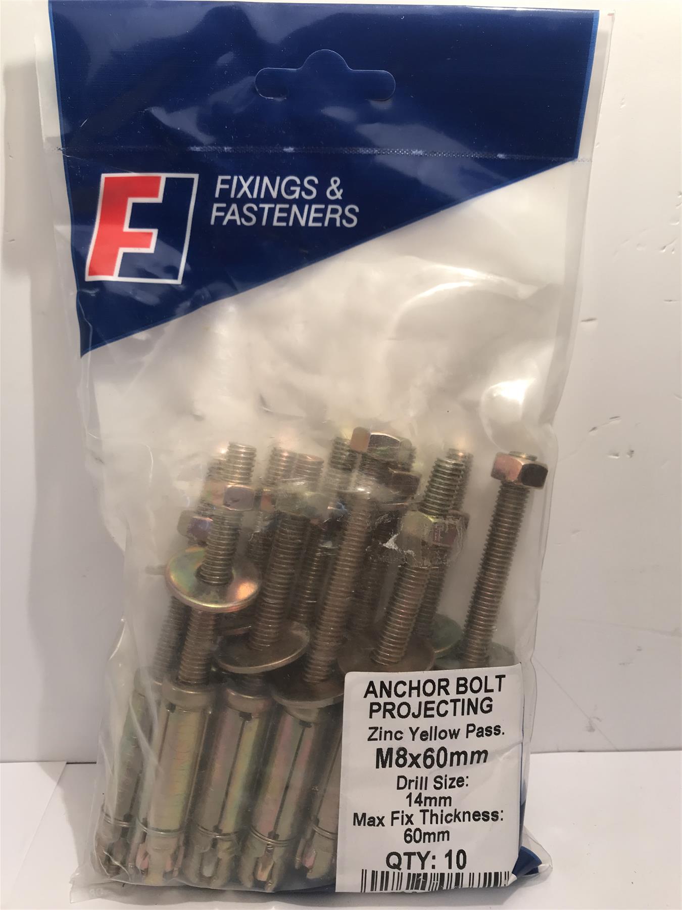 Masonry Anchor Bolt Projecting Zinc Yellow M8 x 60mm Bag 10   10PB860