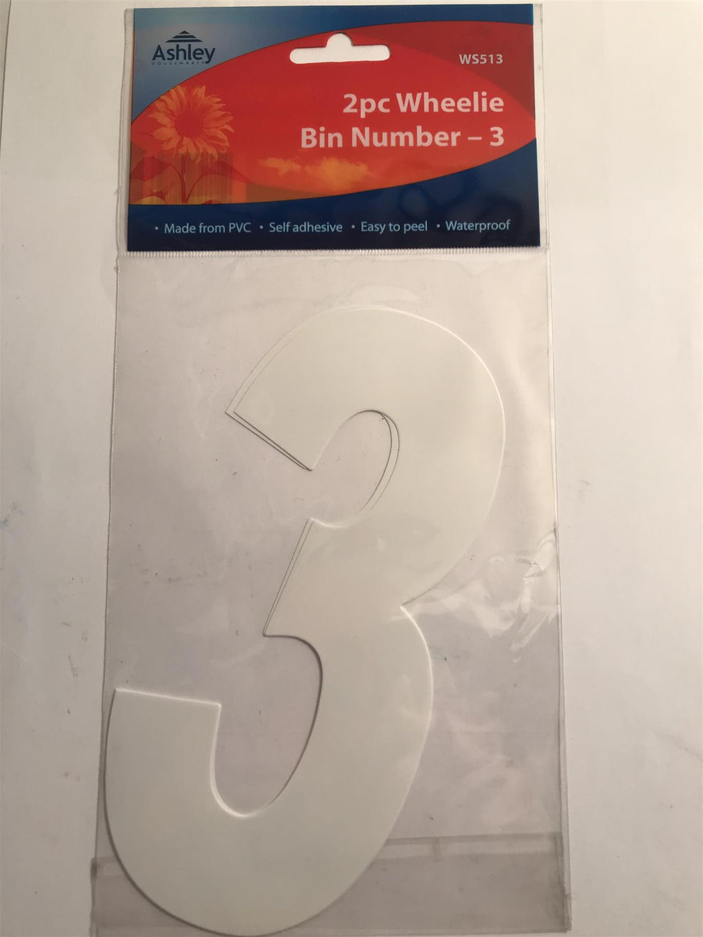 Ashley 2 Pack White Self Adhesive Wheelie Bin Sticker Number 3  WS513