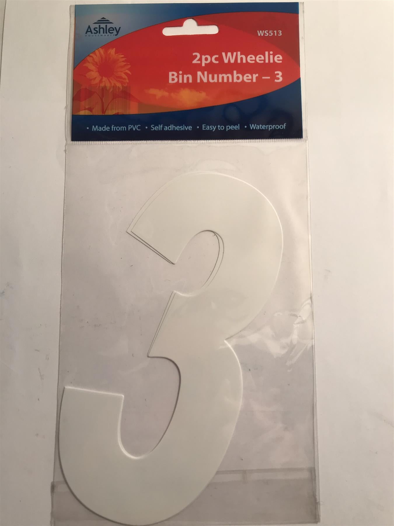 Ashley 2 Pack White Self Adhesive Wheelie Bin Sticker Number 3  WS513