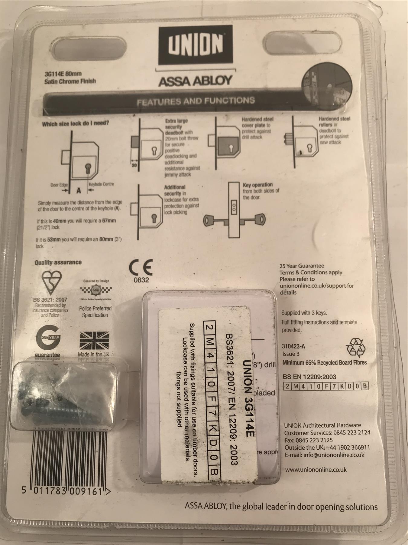 Union 5 Lever Mortice Deadlock C-Series 80mm 3in Satin Chrome 3G114E