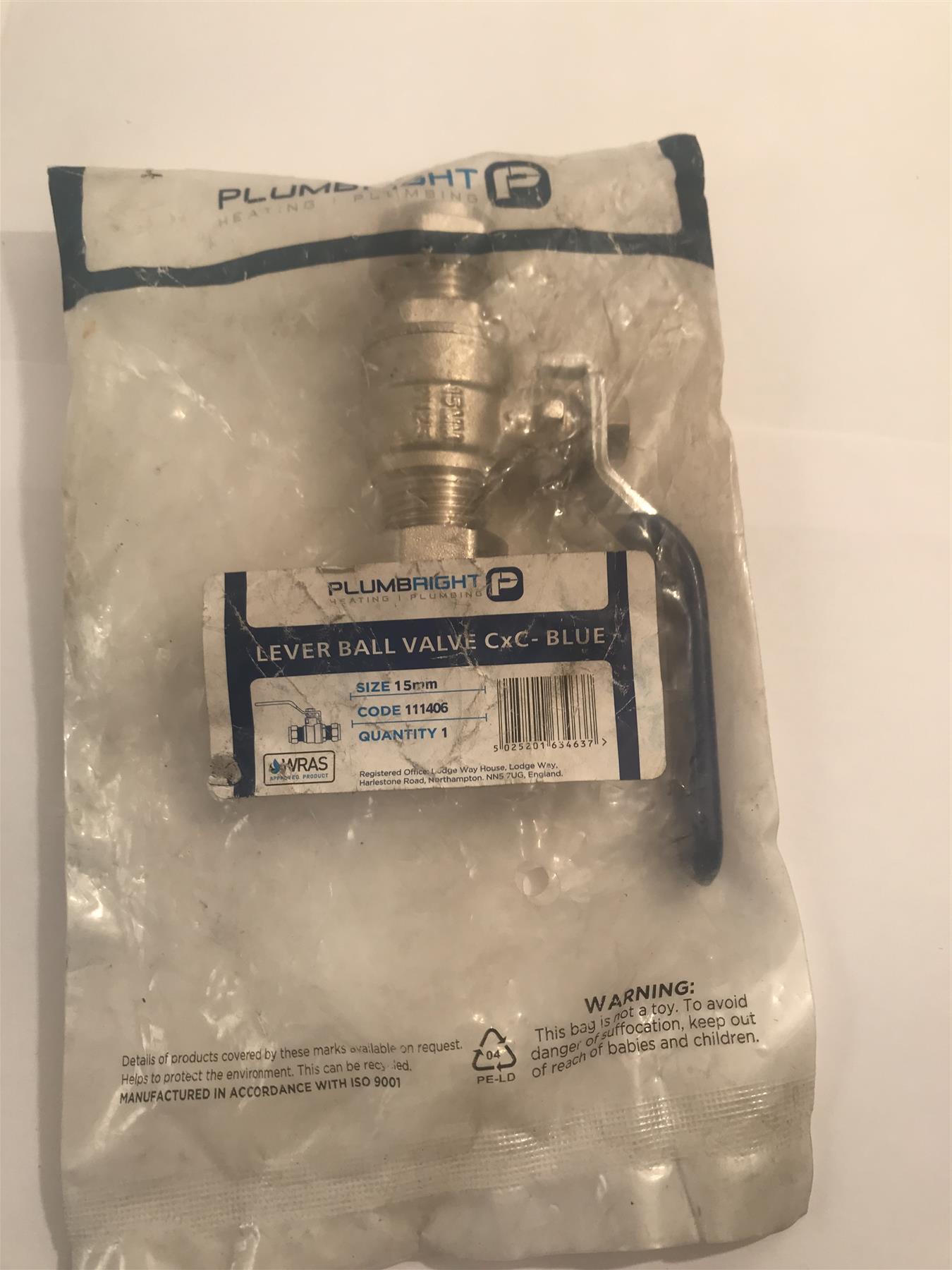 Plumbright 15mm Lever Ball Valve Blue Handle  111406