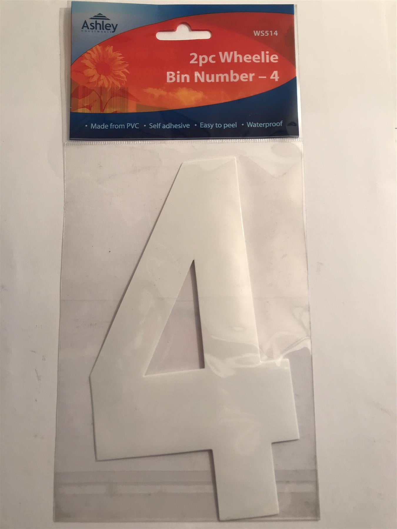 Ashley 2 Pack White Self Adhesive Wheelie Bin Sticker Number 4  WS514