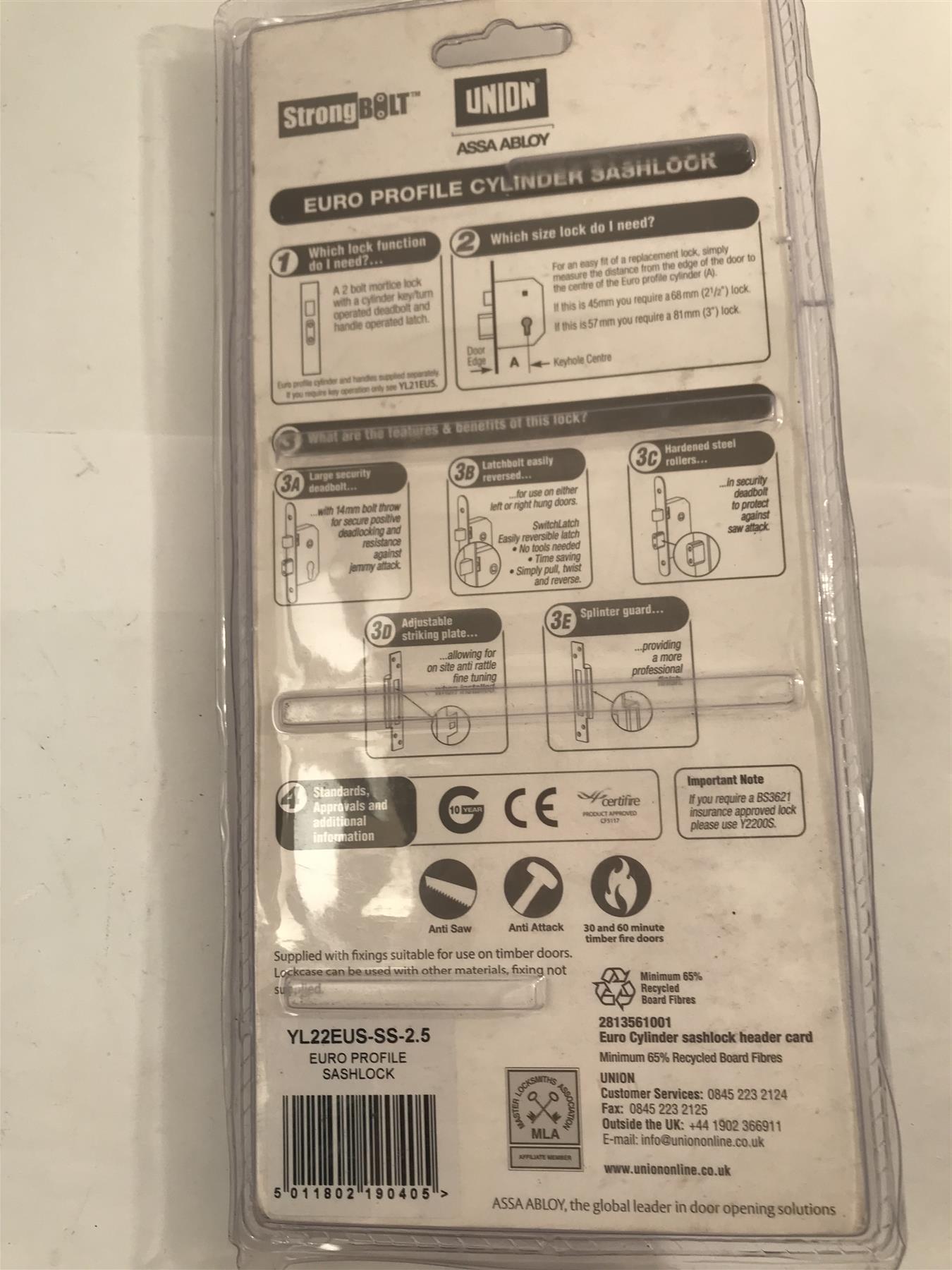 Union Euro Profile Cylinder Sashlock  YL22EUS-SS-2.5