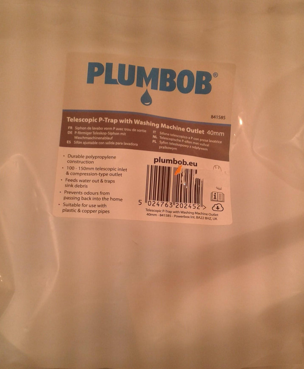 Plumbob Telescopic P-Trap with Washing Machine Outlet - 40m 841585