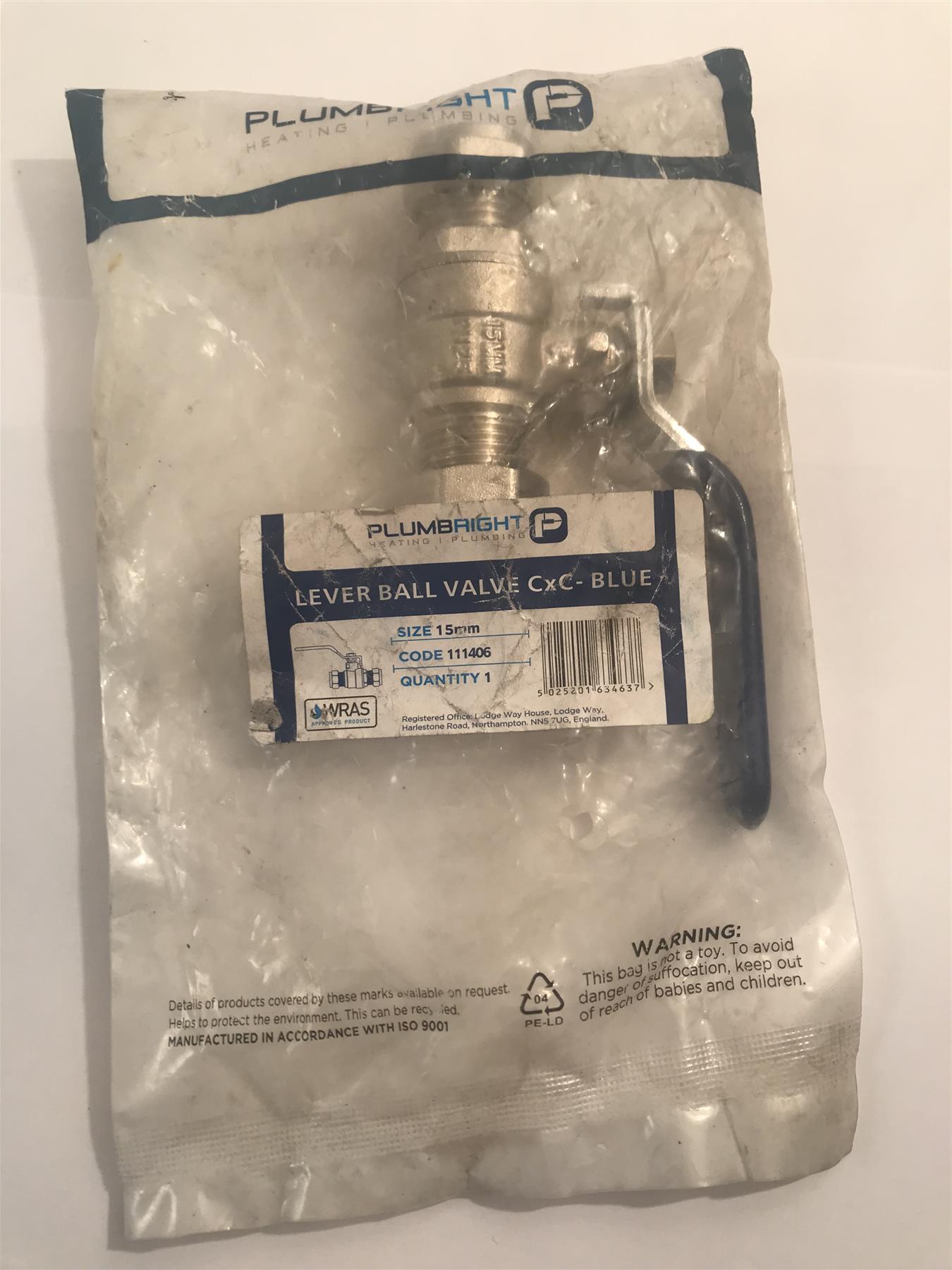 Plumbright 15mm Lever Ball Valve Blue Handle  111406
