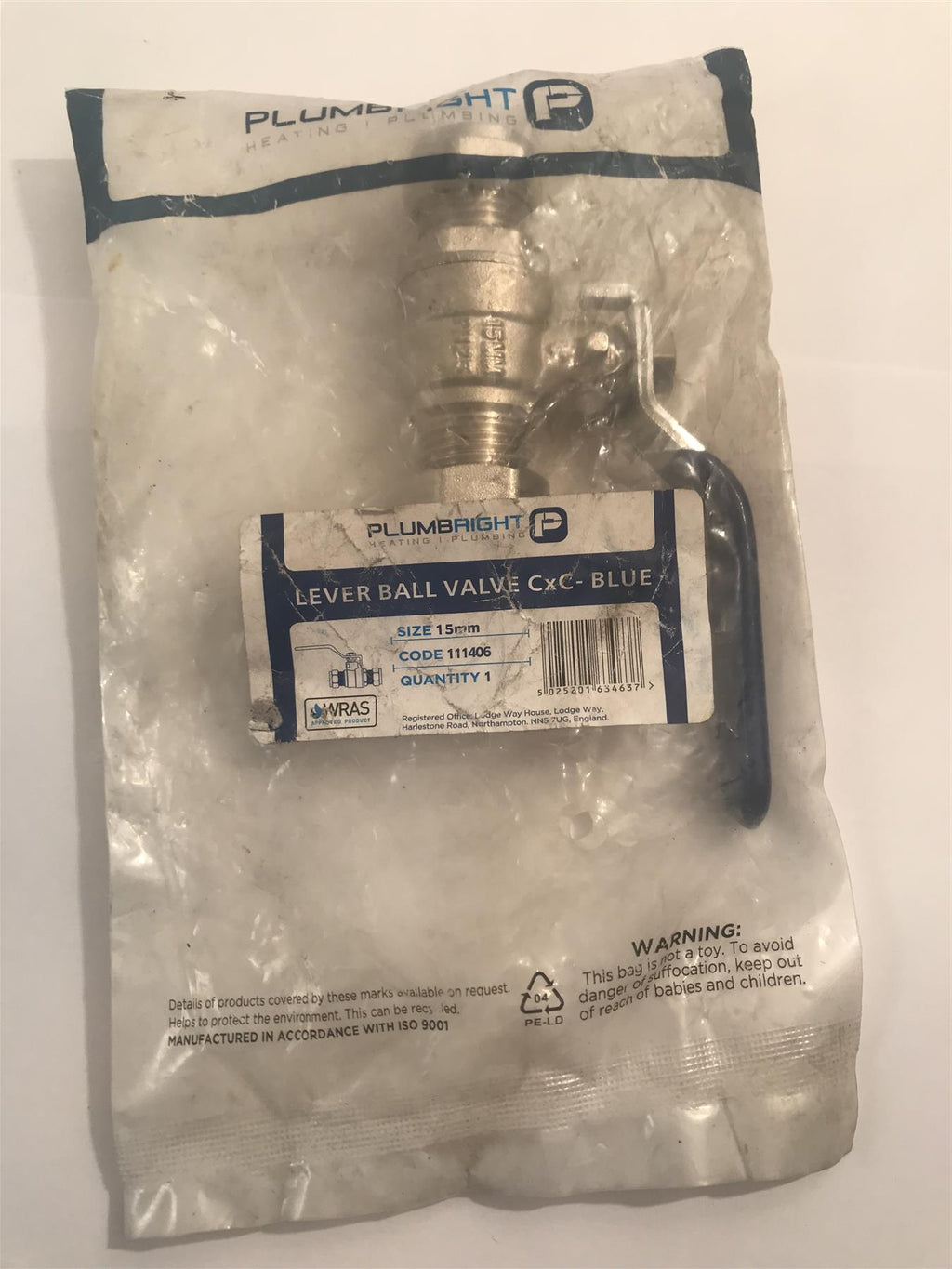 Plumbright 15mm Lever Ball Valve Blue Handle  111406