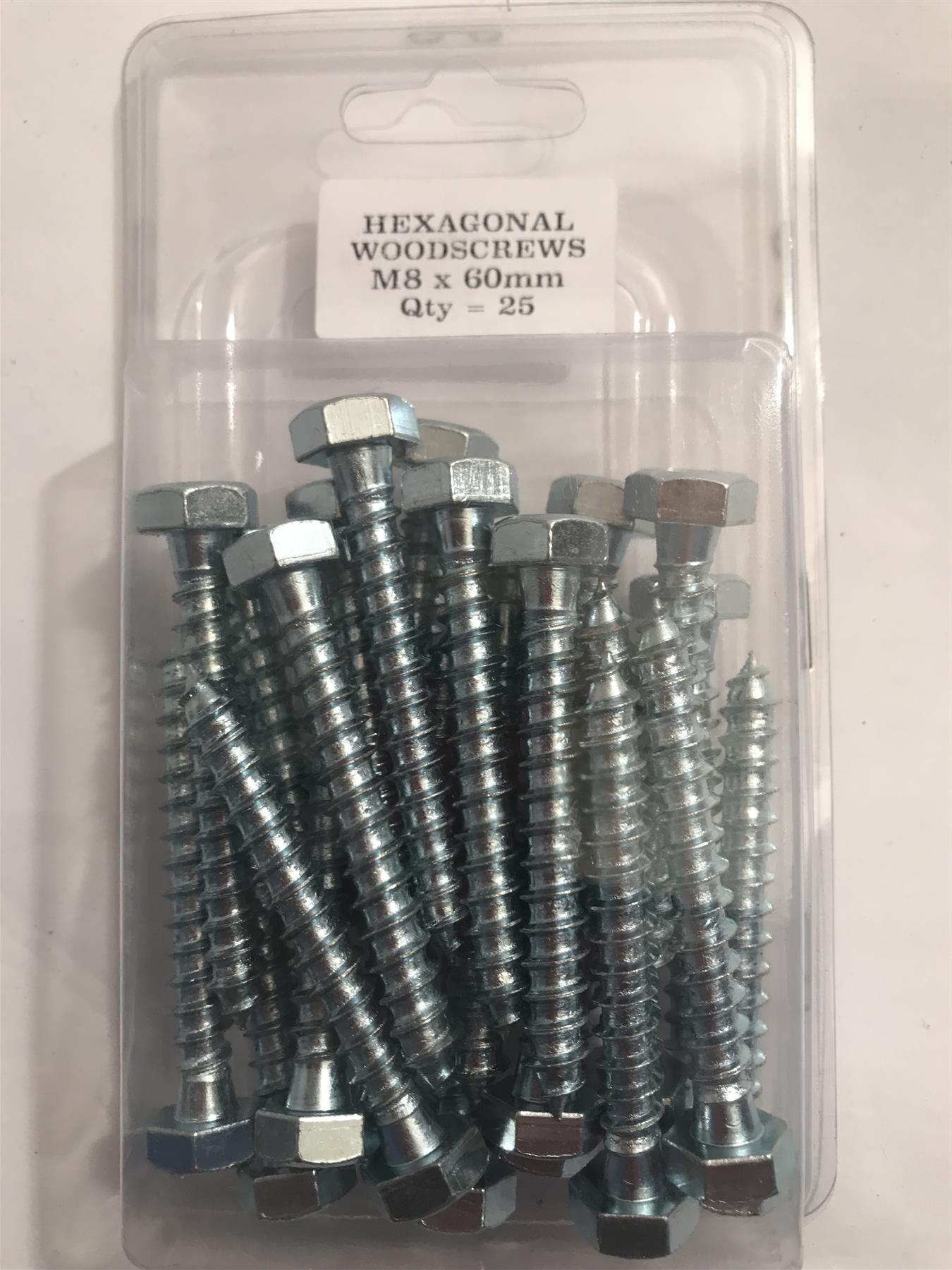 Hexagonal Wood Screws M8 x 60mm  (Pk 25)