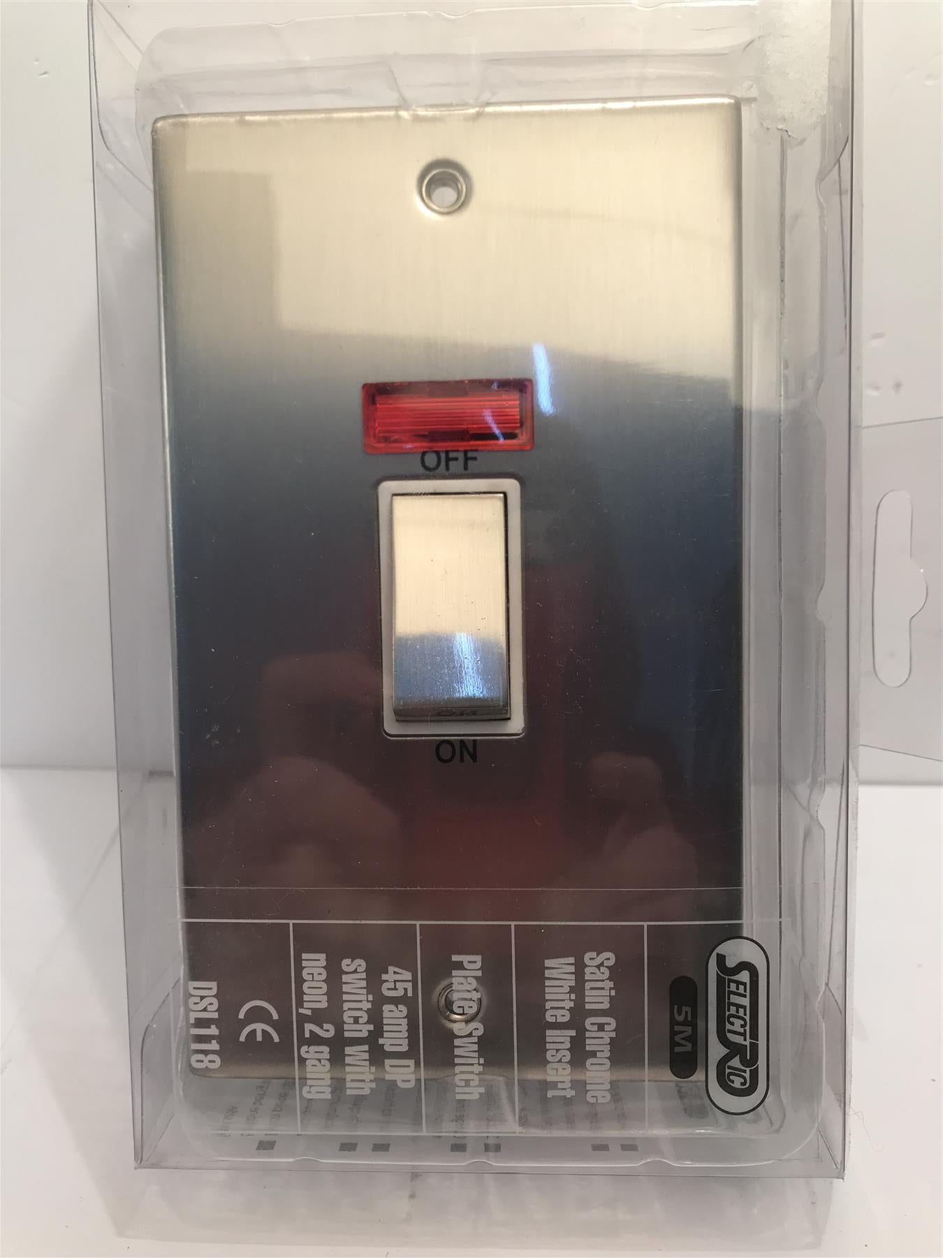 45amp DP Switch with Neon, 2 Gang Satin Chrome White Insert DSL118