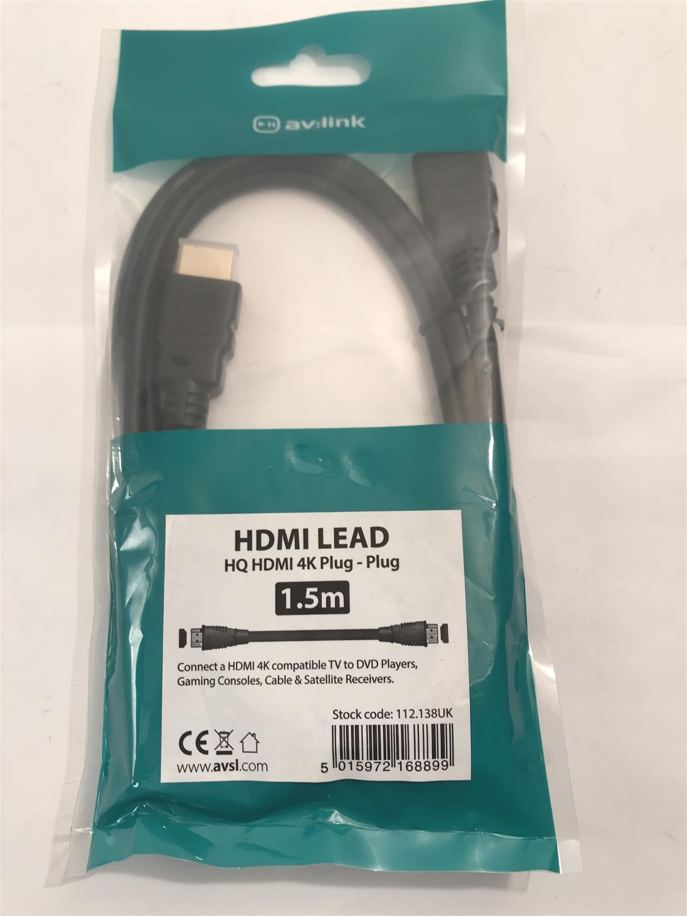 AV:Link HDMI Lead 4k Plug to Plug 1.5m  112.138UK