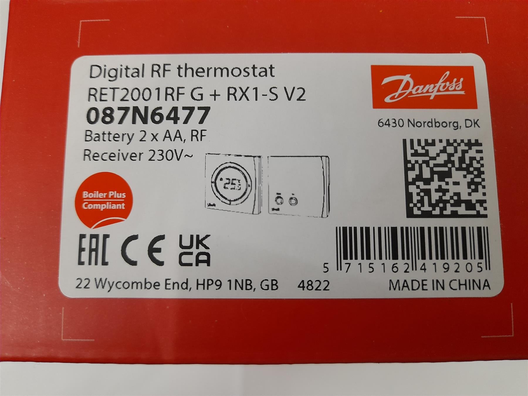 Danfoss RET2001-RF G + RX1-S V2 Wireless Room Thermostat & Receiver 087N6477