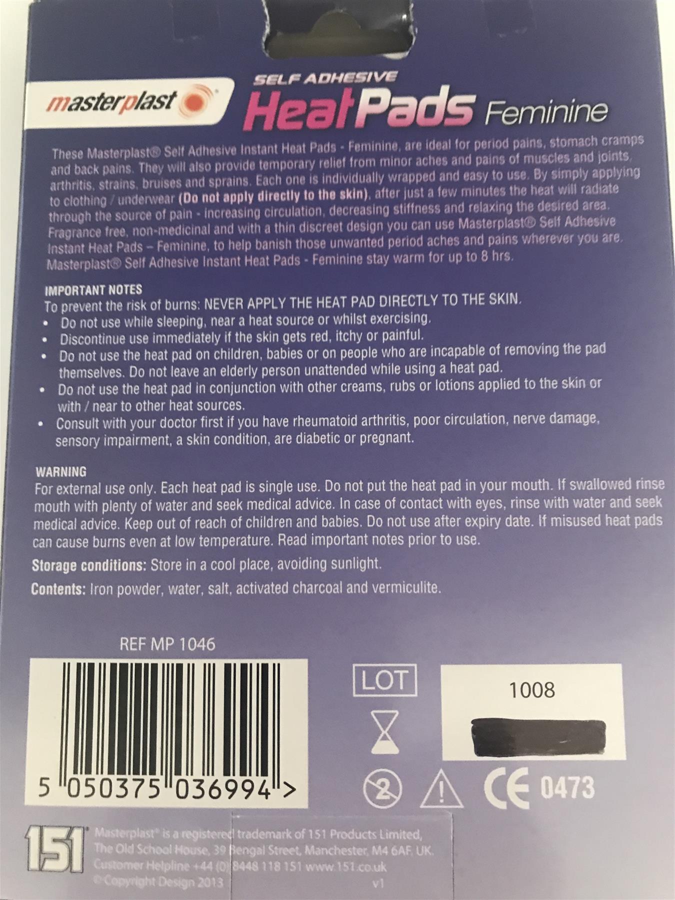 Masterplast Self Adhesive Heat Pads For Pains/Cramps Lasts Upto 8hrs (2 Pack)