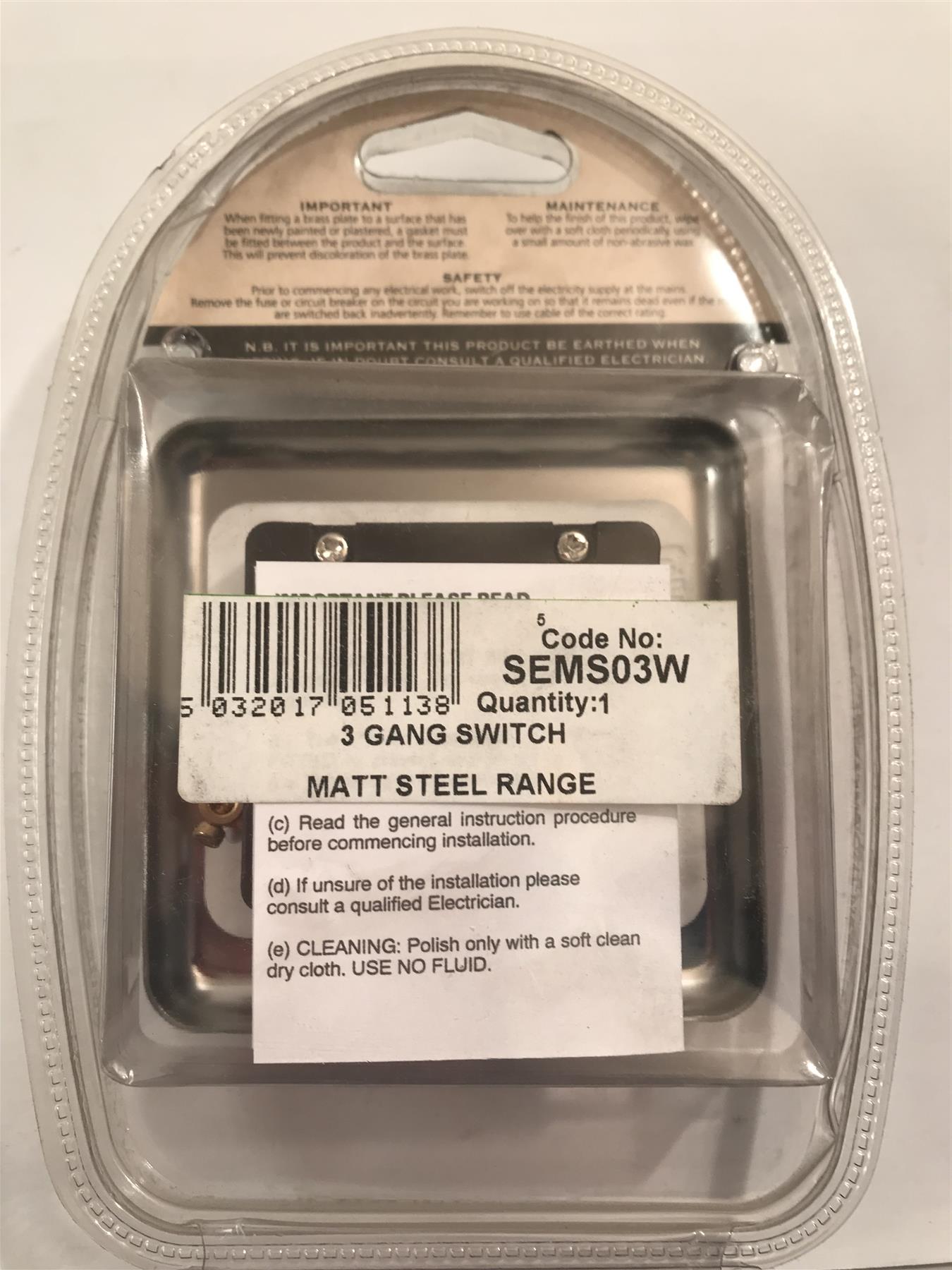 Specialist Matt Steel 3 Gang 2 Way Light Switch White Insert SEMS03W