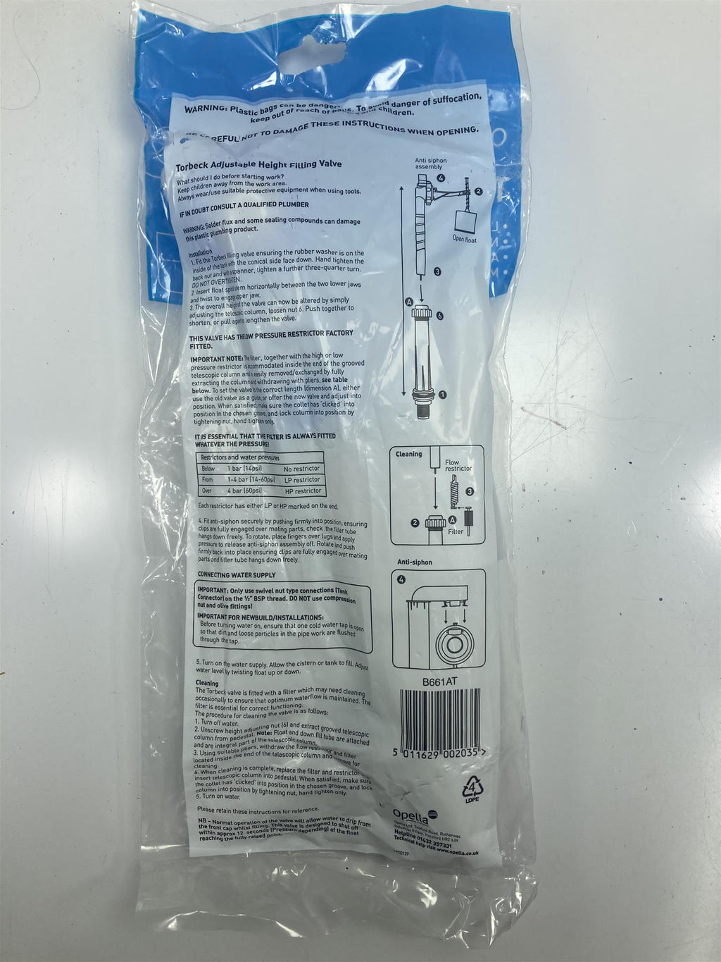 Torbeck Toilet Cistern Fill Valve Bottom Entry Adjustable Height B661AT