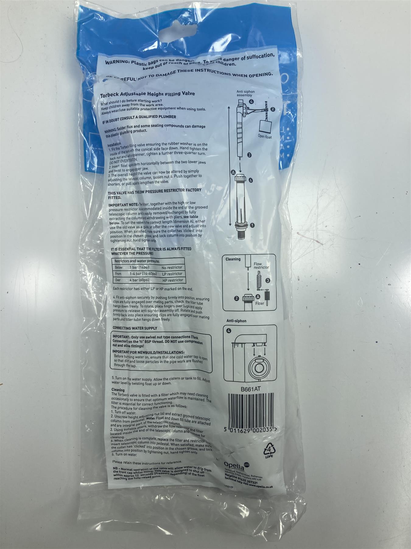 Torbeck Toilet Cistern Fill Valve Bottom Entry Adjustable Height B661AT