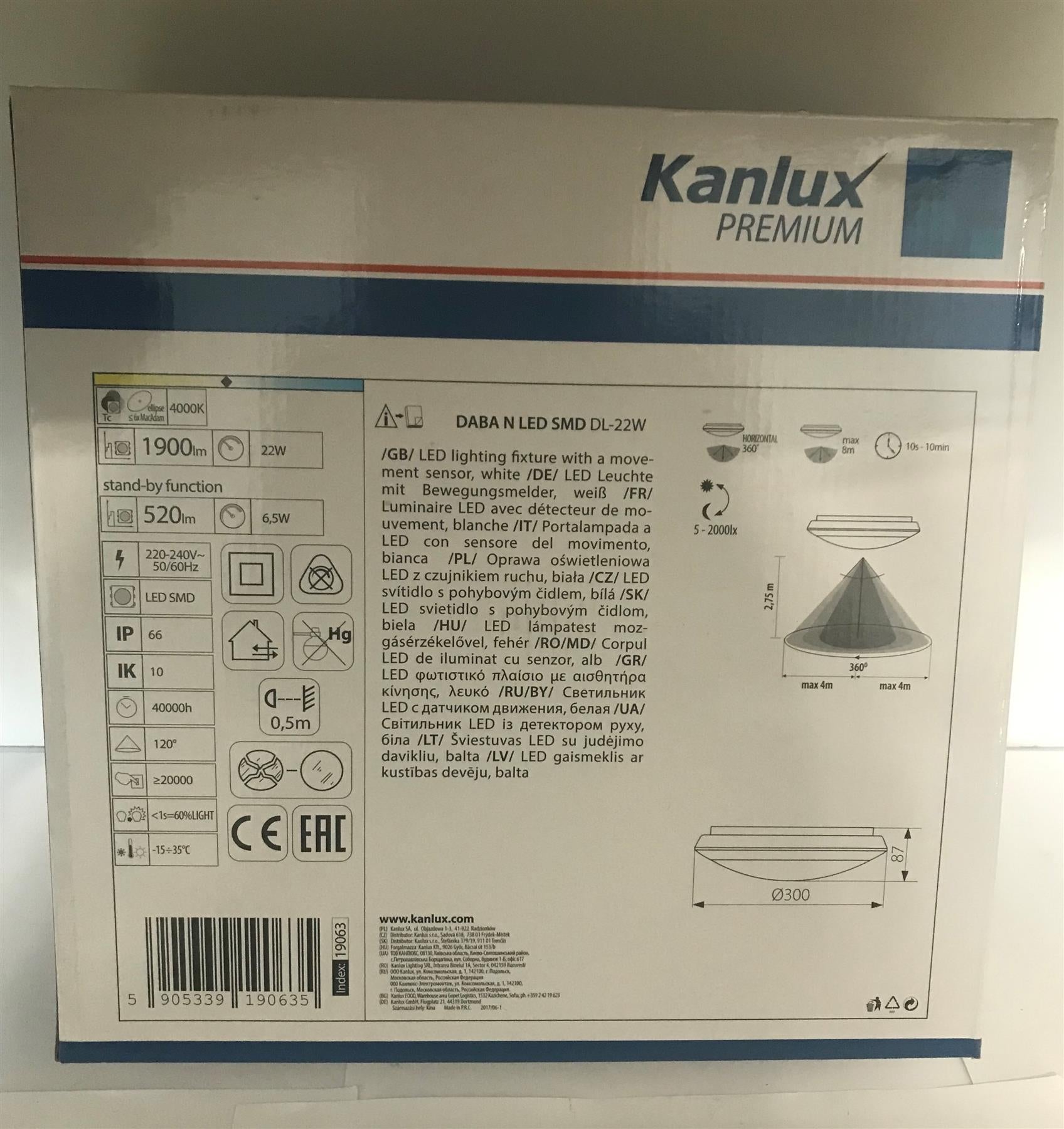 Kanlux DABA N LED SMD DL-22W 1900lm LED Motion Sensor Fixture 19063