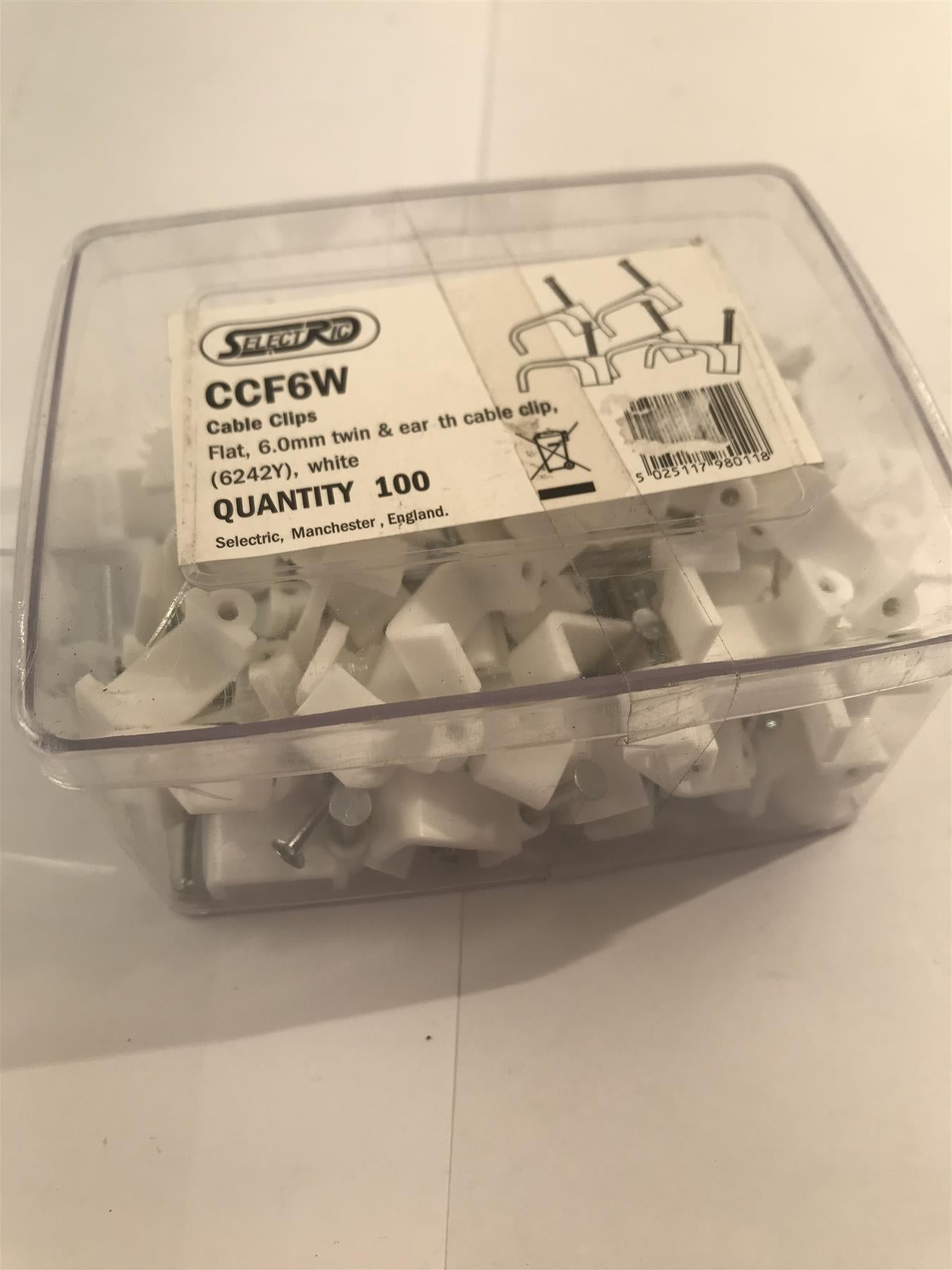 Selectric  Flat 6mm Twin & Earth Cable Clip White x 100  CCF6W
