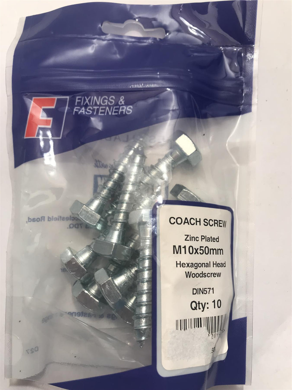 ForgeFix Coach Screw Zinc Plated M10x50mm Hexagon Head 10CS1050 (10 Pk)