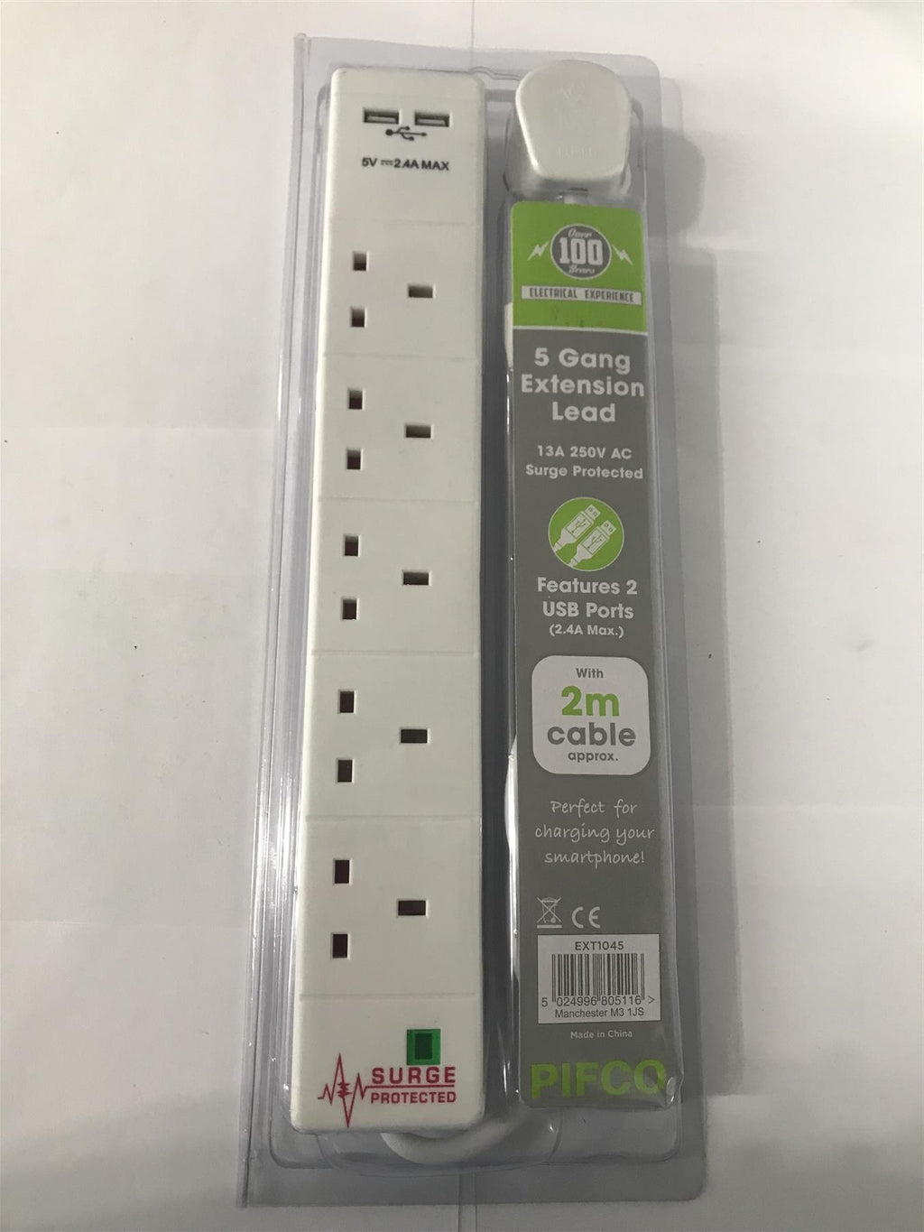 Pifco 2m 5 Gang Extension Lead with 2 USB Ports  EXT1045