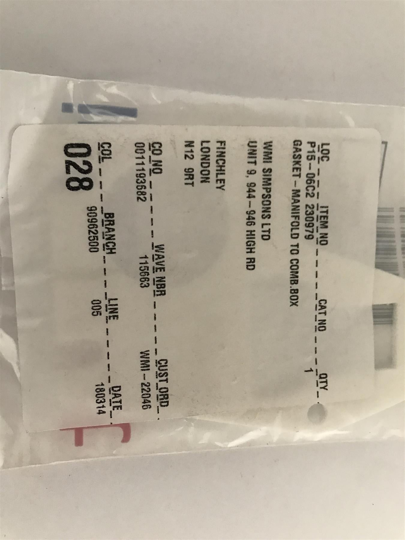 BAXI SOLO MANIFOLD TO COMBUSTION BOX GASKET 230979