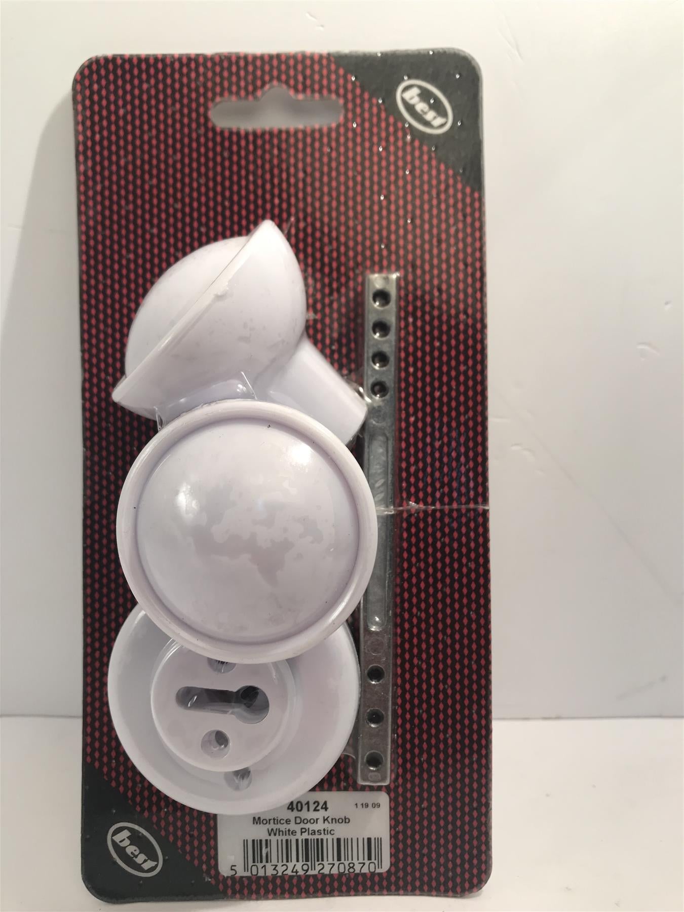 Mortice Door Knob Set in White Plastic with fitting screws,  40124