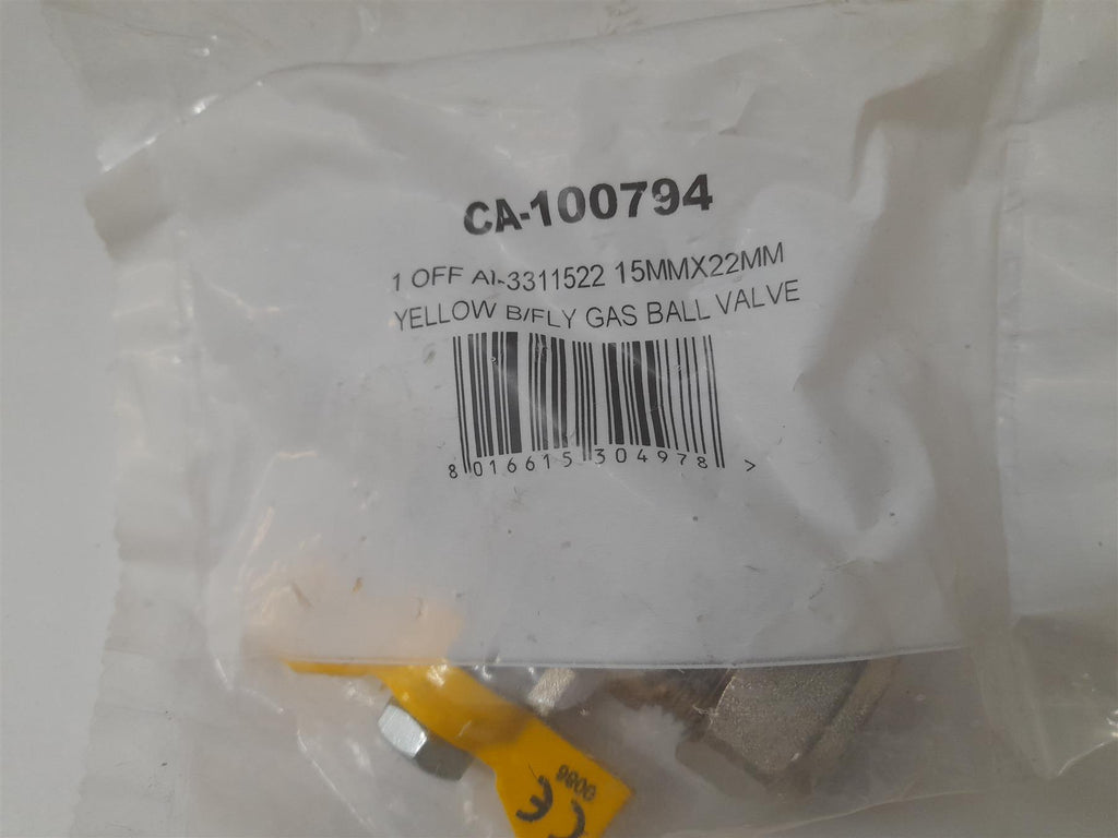 Yellow Butterfly Gas Ball Valve 15mm x 22mm