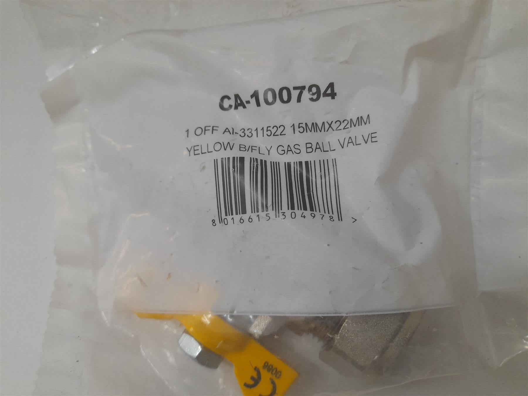 Yellow Butterfly Gas Ball Valve 15mm x 22mm