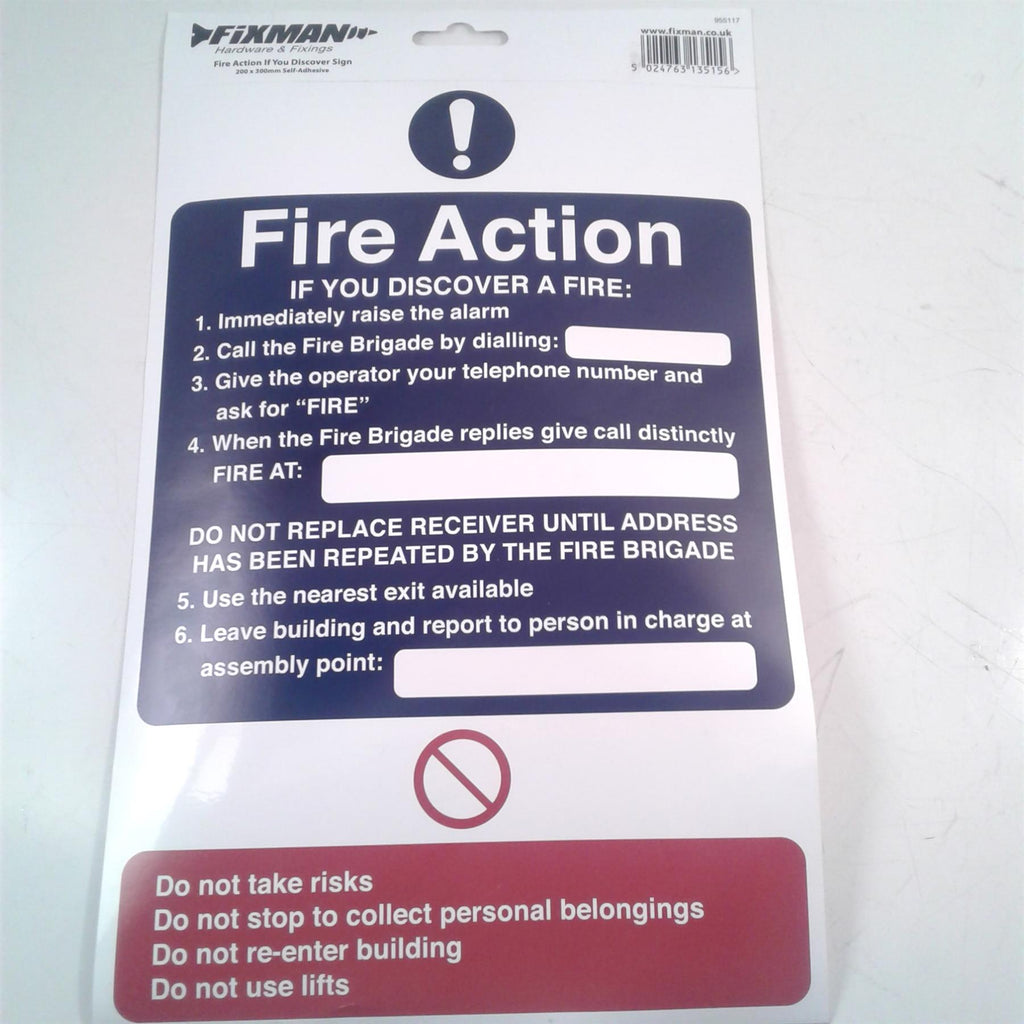 FIXMAN Fire Action If You Discover Sign - 200 x 300mm Self-Adhesive