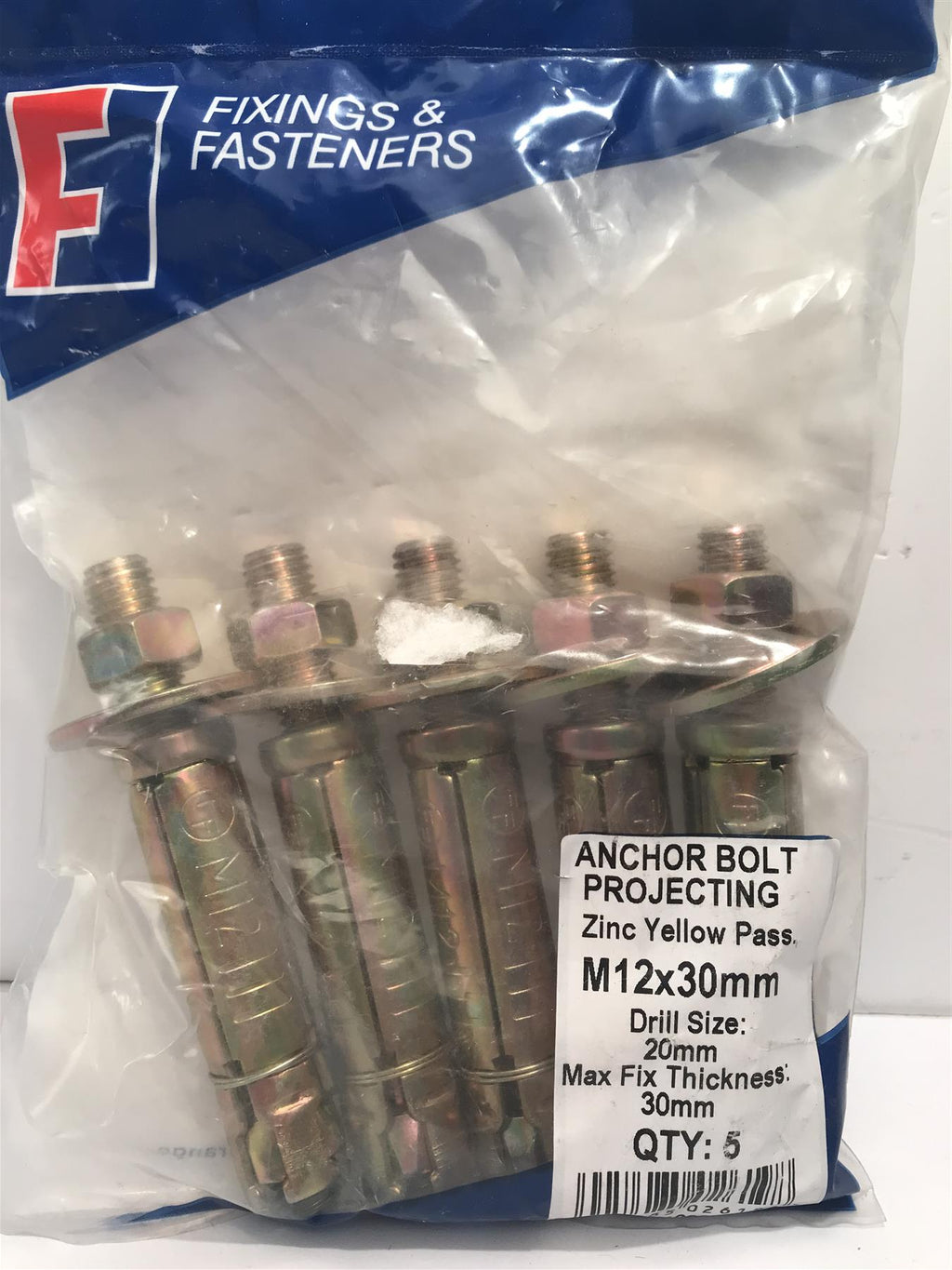 Masonry Anchor Bolt Projecting Zinc Yellow Pass M12 x 30mm  5PB1230 Bag of 5