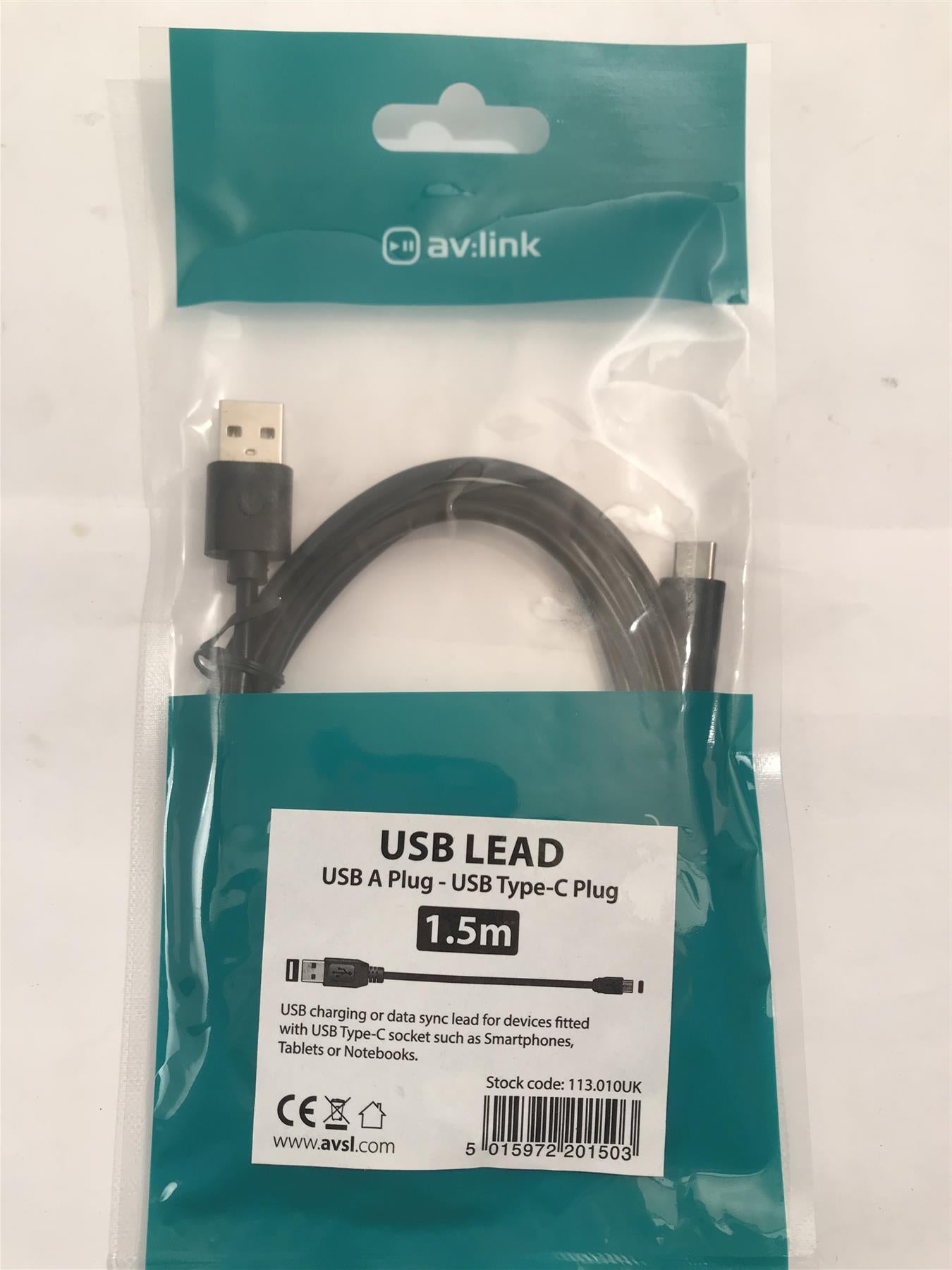 AV:Link USB Lead USB A Plug to USB Type C Plug 1.5m  113.010UK