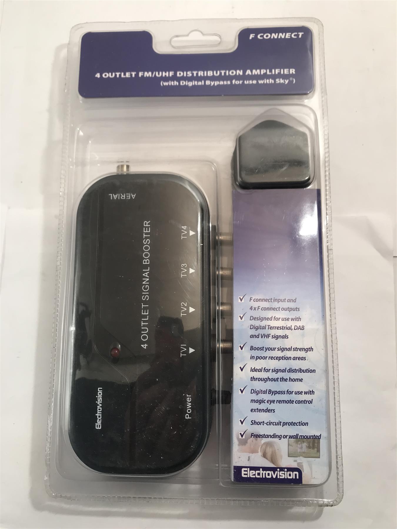 4 Way VHF/UHF Distribution Amplifier with Digital Bypass for use with Sky