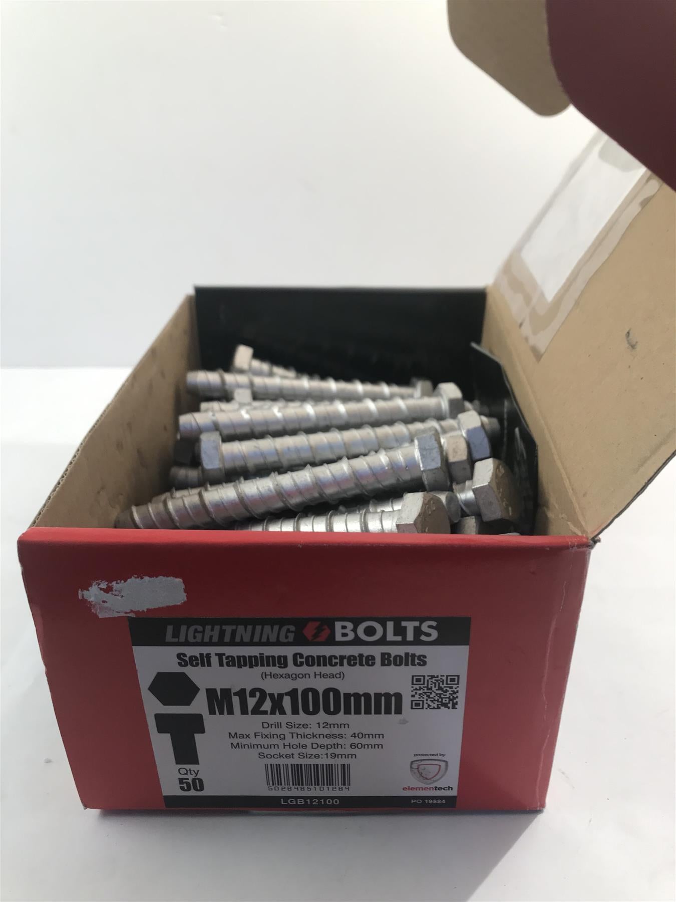 Lightning Bolt - Hex Head M12 x 100mm - Concrete Bolts - Box of 50  LGB12100