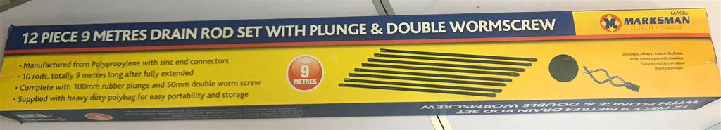 Marksman 12pc 9 Metres Drain Rod Set with Plunge & Double Wormscrew 66108C