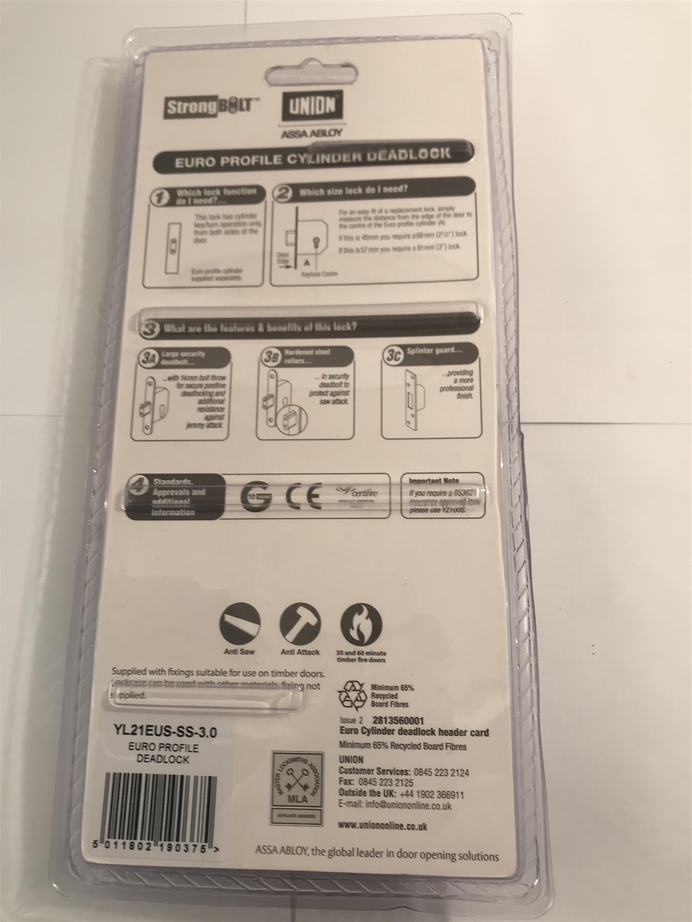 Union Euro Profile Cylinder Deadlock  YL21EUS-SS-3.0