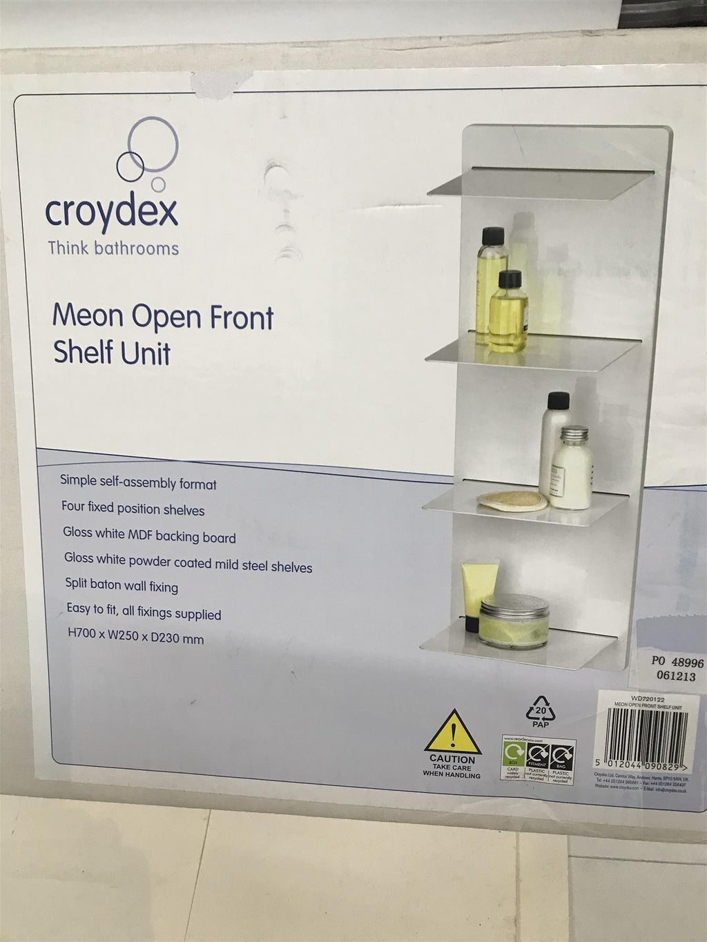 Croydex Gloss White Powder Coated Steel Shelf Unit  H700 x W250 x D230mm