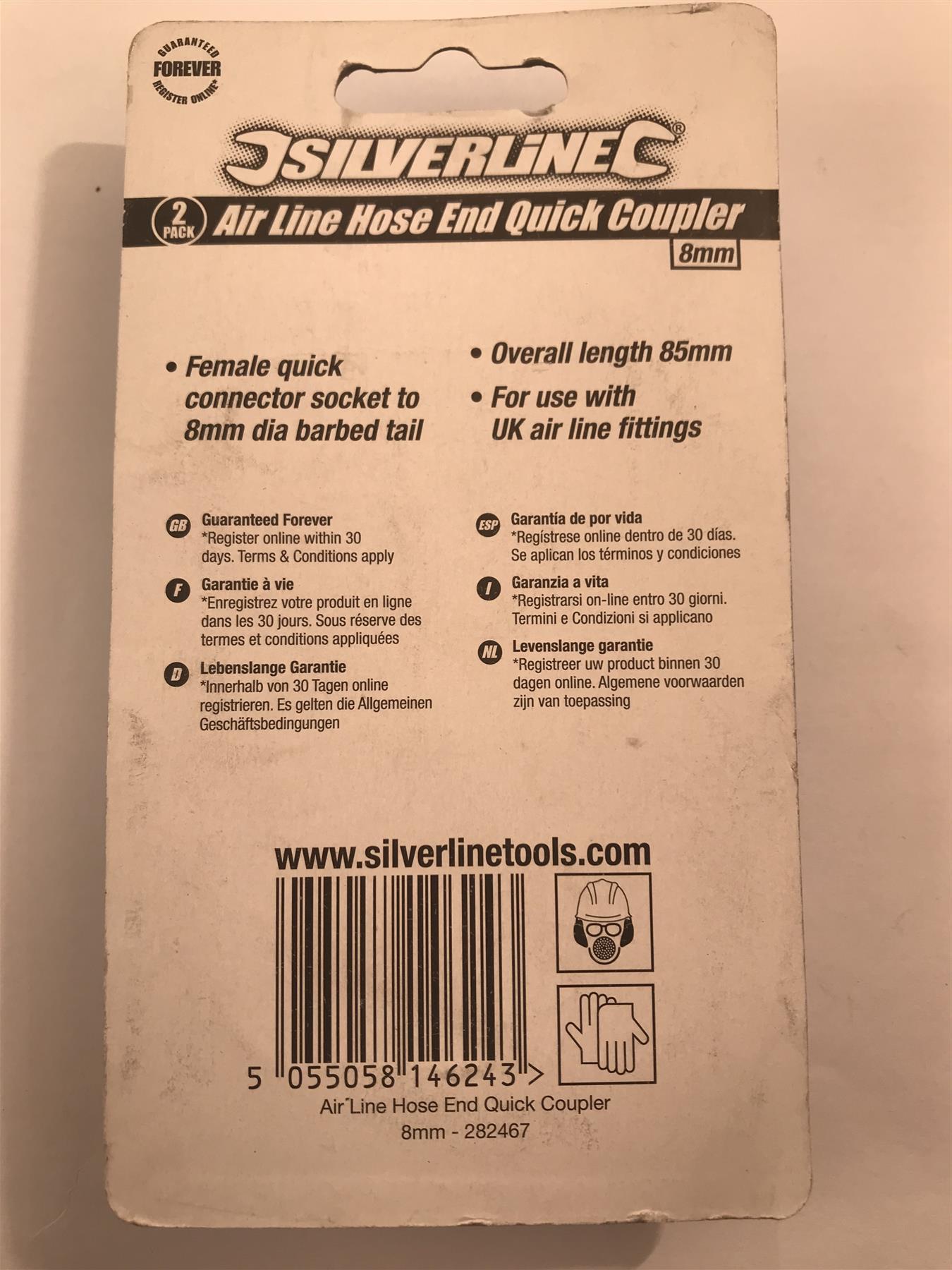 Silverline 2pk Air Line Hose End Quick Coupler 8mm  282467