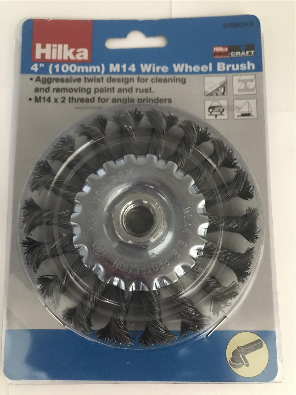 Hilka 4" (100mm) M14 Wire Wheel Brush - Rust and Paint Remover 51960114