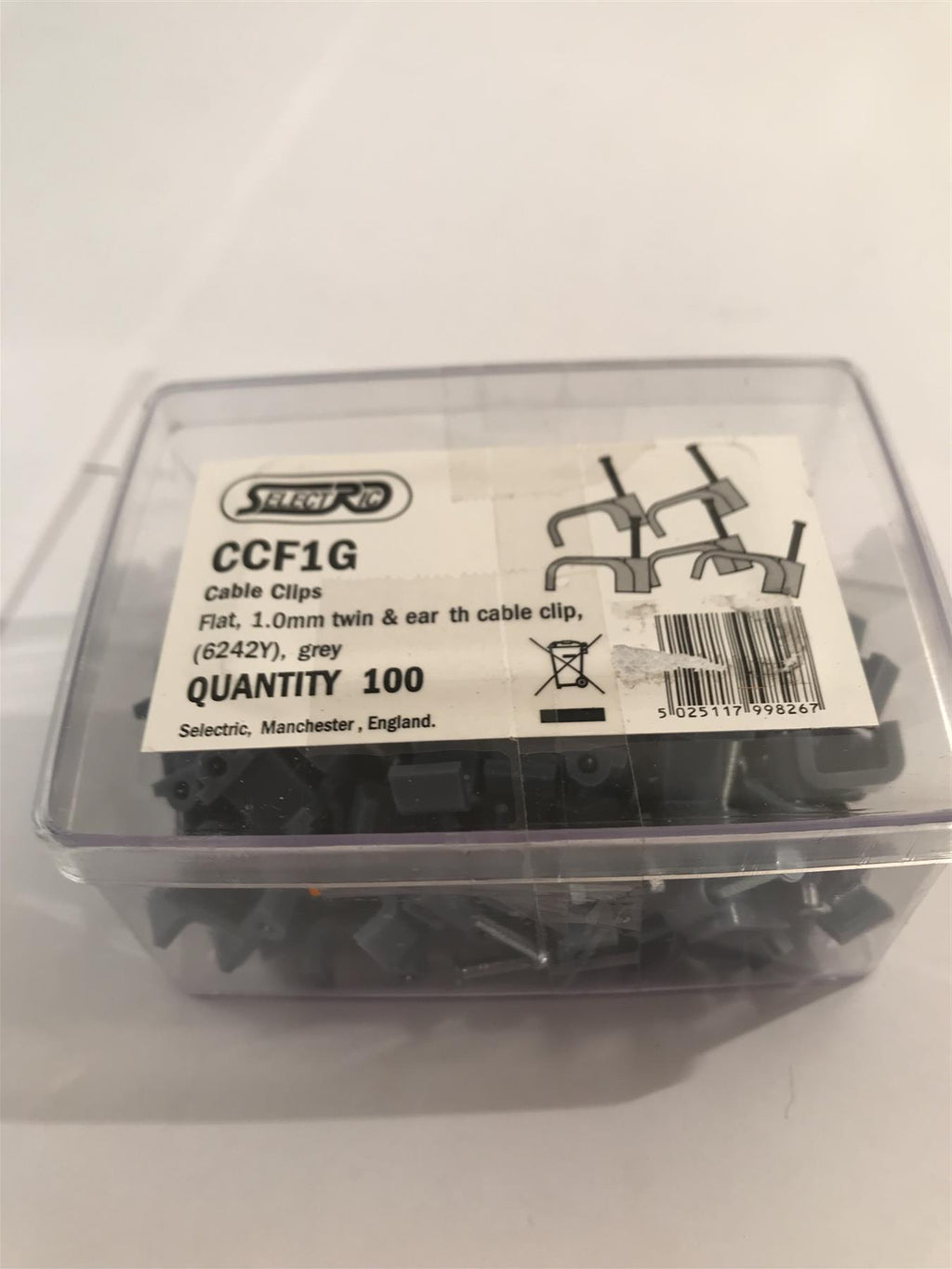 Selectric  Flat 1mm Twin & Earth Cable Clip Grey  x 100  CCF1G
