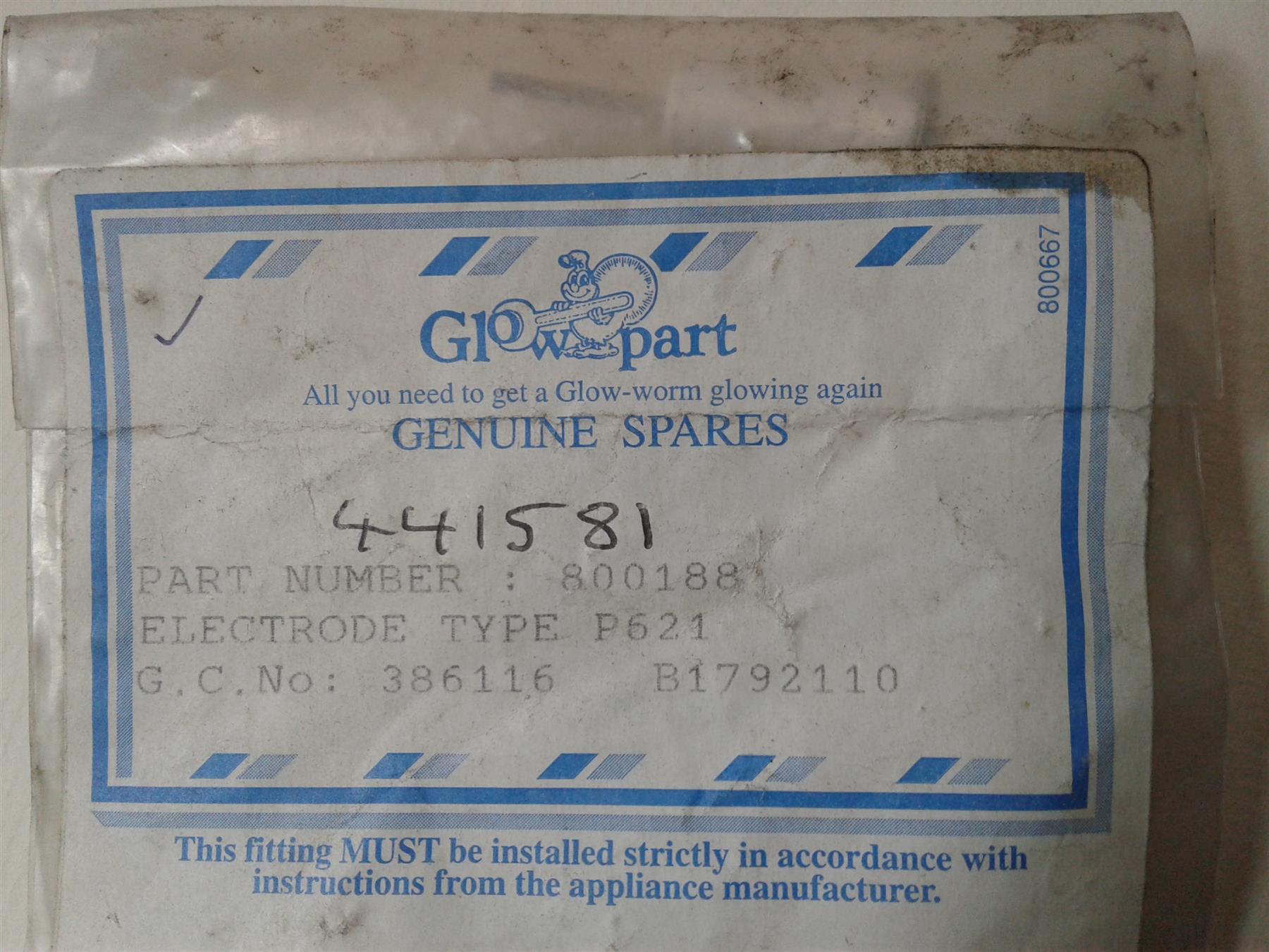 NEW GLOW WORM SPACESAVER KFB BOILER ELECTRODE P621 S800188