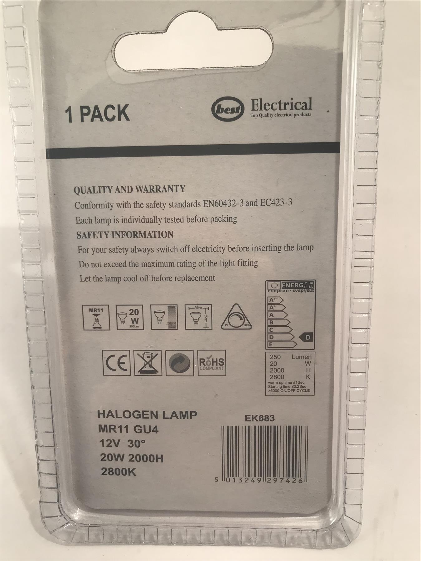 Best MR11 GU4 Halogen Lamp 20W 250lm 2800K EK683