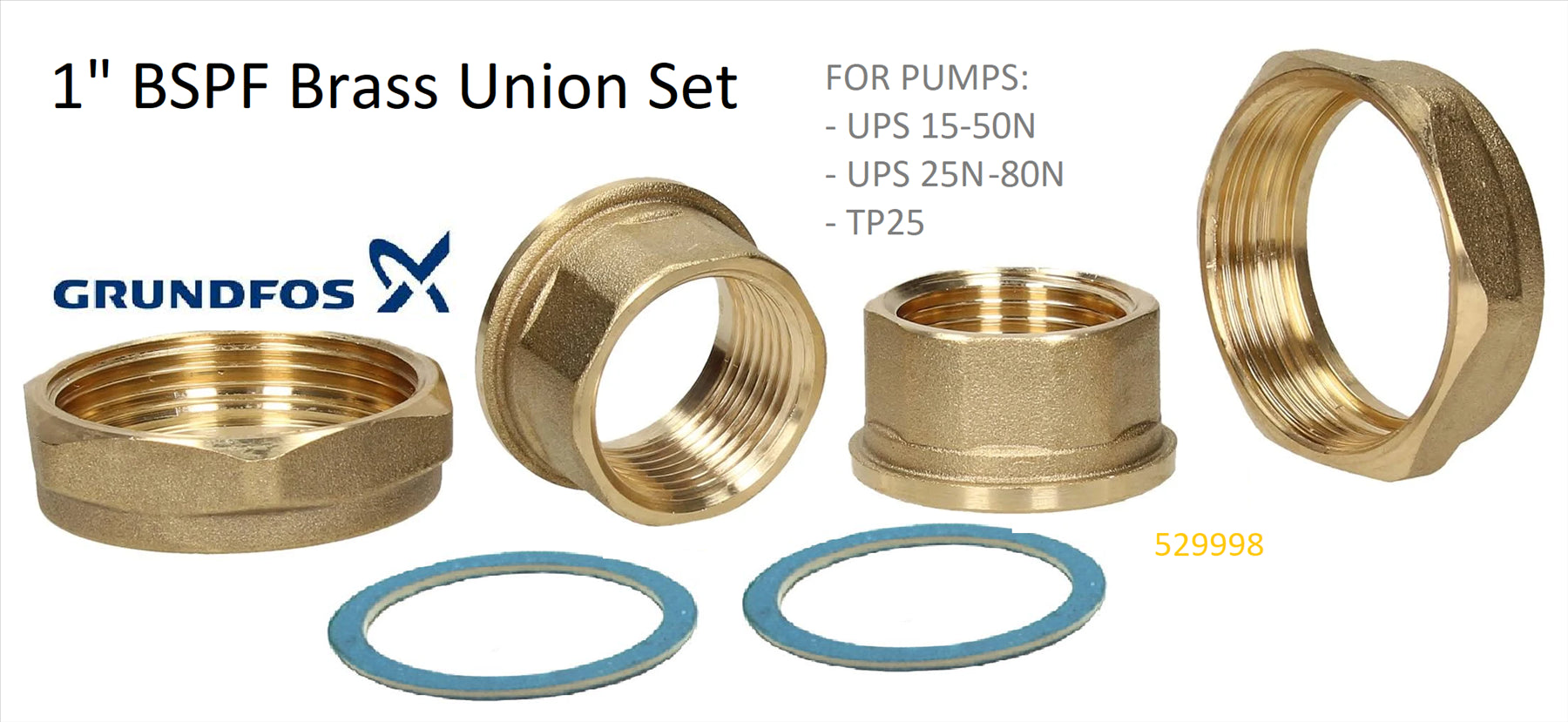 NEW GUNDFOS BRASS 1" BSPF PUMP UNION SET (PAIR) 529998 UPS TP25