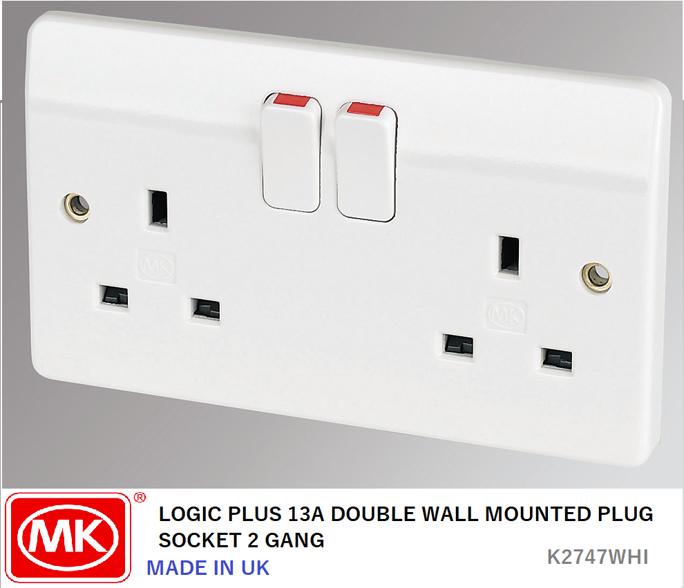 NEW MK LOGIC PLUS 13A DOUBLE 2 GANG WALL DP SOCKET K2747WHI
