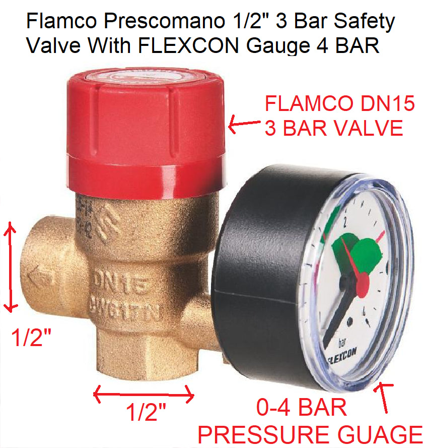 NEW Flamco Prescor 1/2NF 3 Bar Safety Valve FLEXCON Gauge 27684