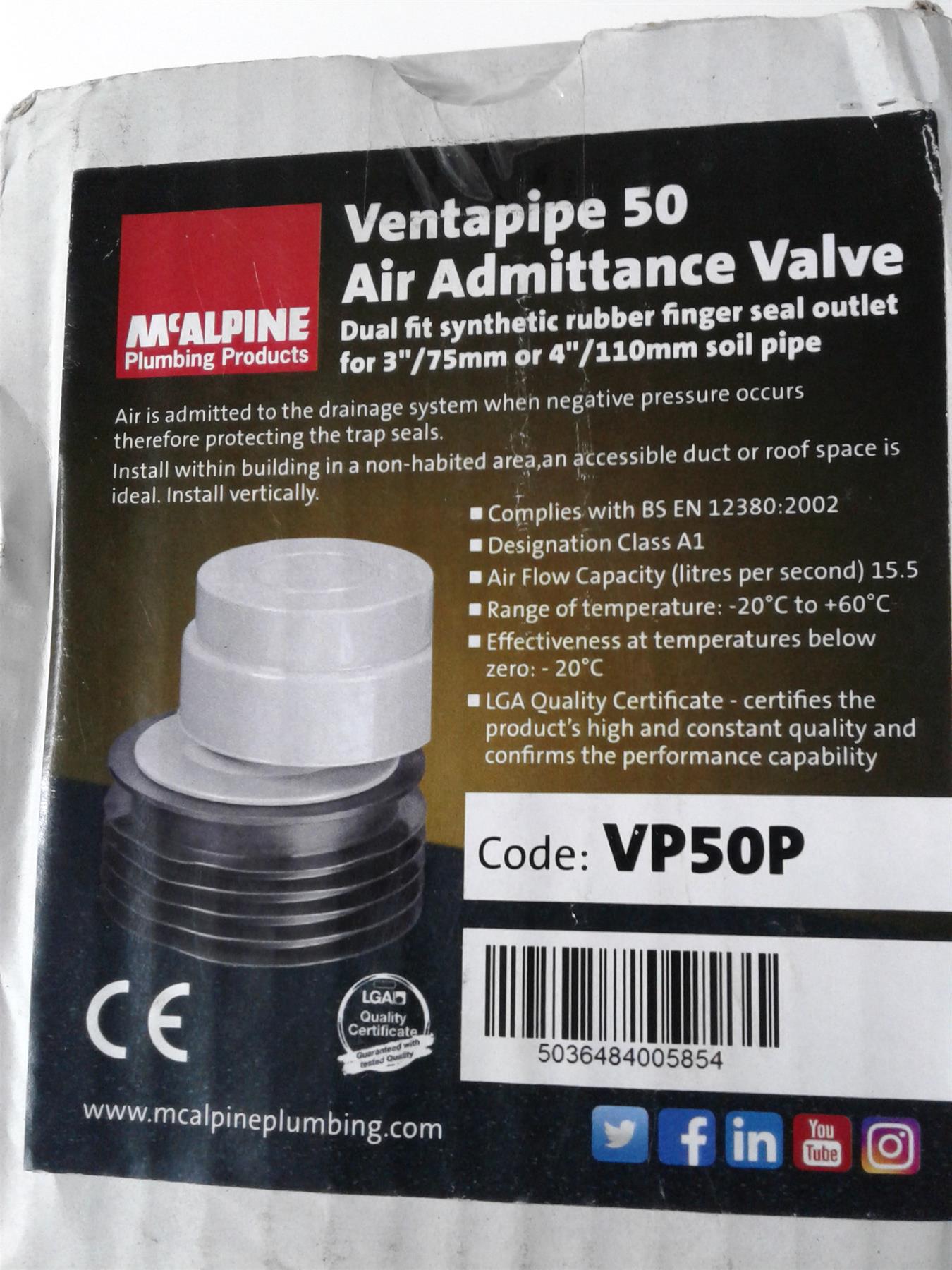New McAlpine VP50P Air Admittance Valve 3 to 4"