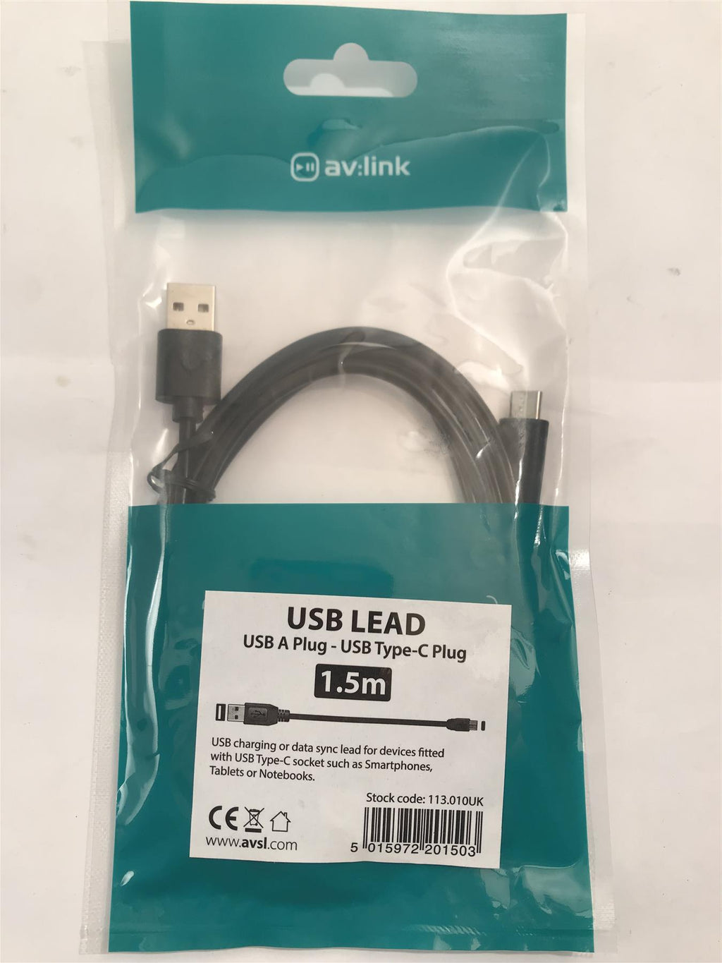 AV:Link USB Lead USB A Plug to USB Type C Plug 1.5m  113.010UK