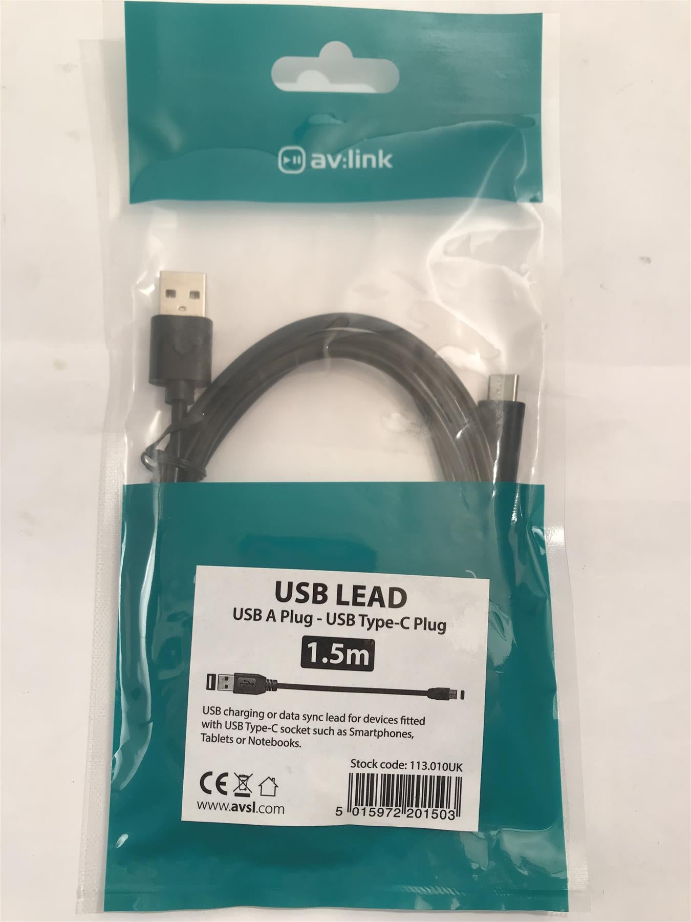 AV:Link USB Lead USB A Plug to USB Type C Plug 1.5m  113.010UK