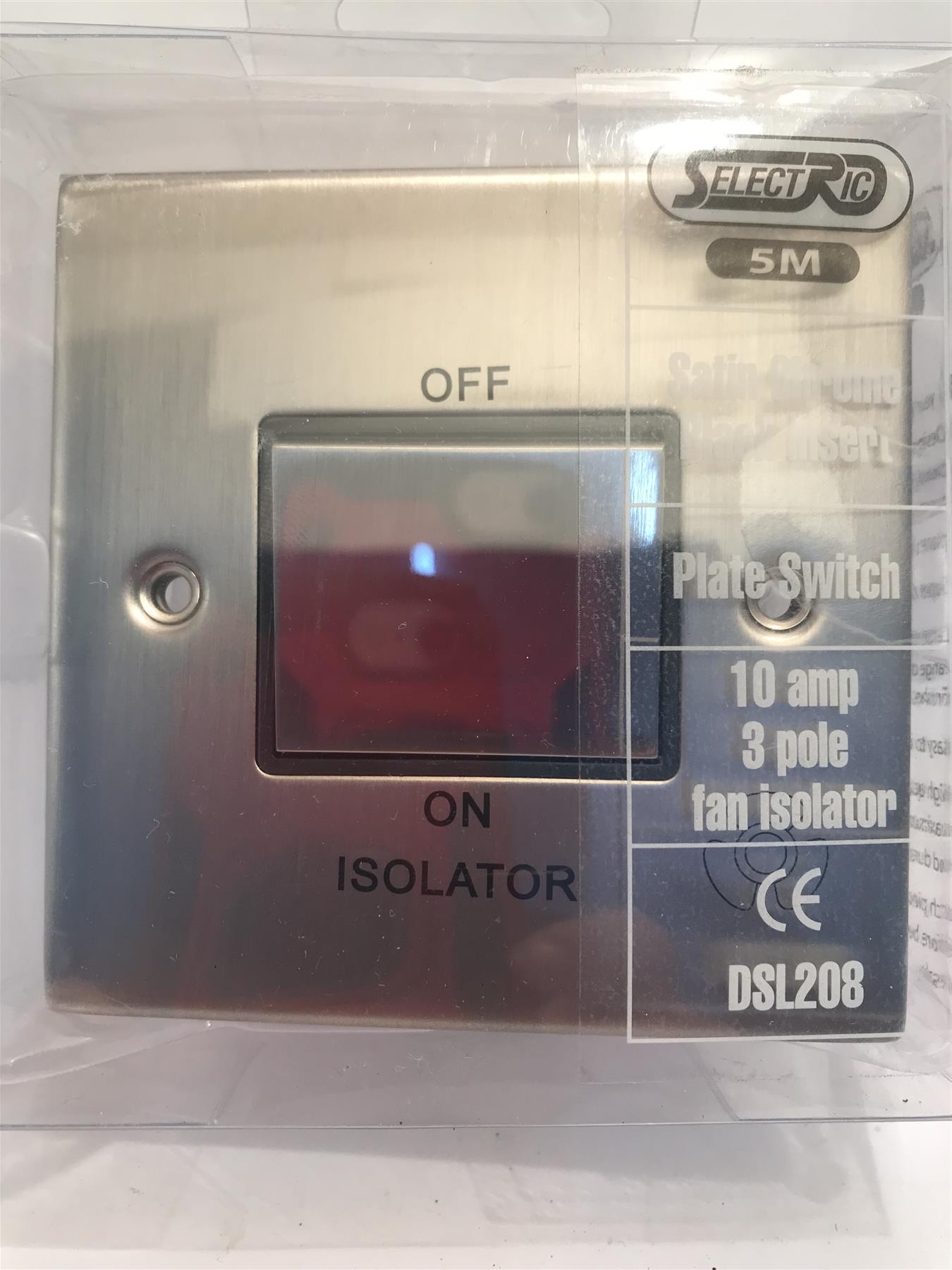 Satin Chrome Black Insert plate Switch 10A 3 Pole Fan Isolator DSL208