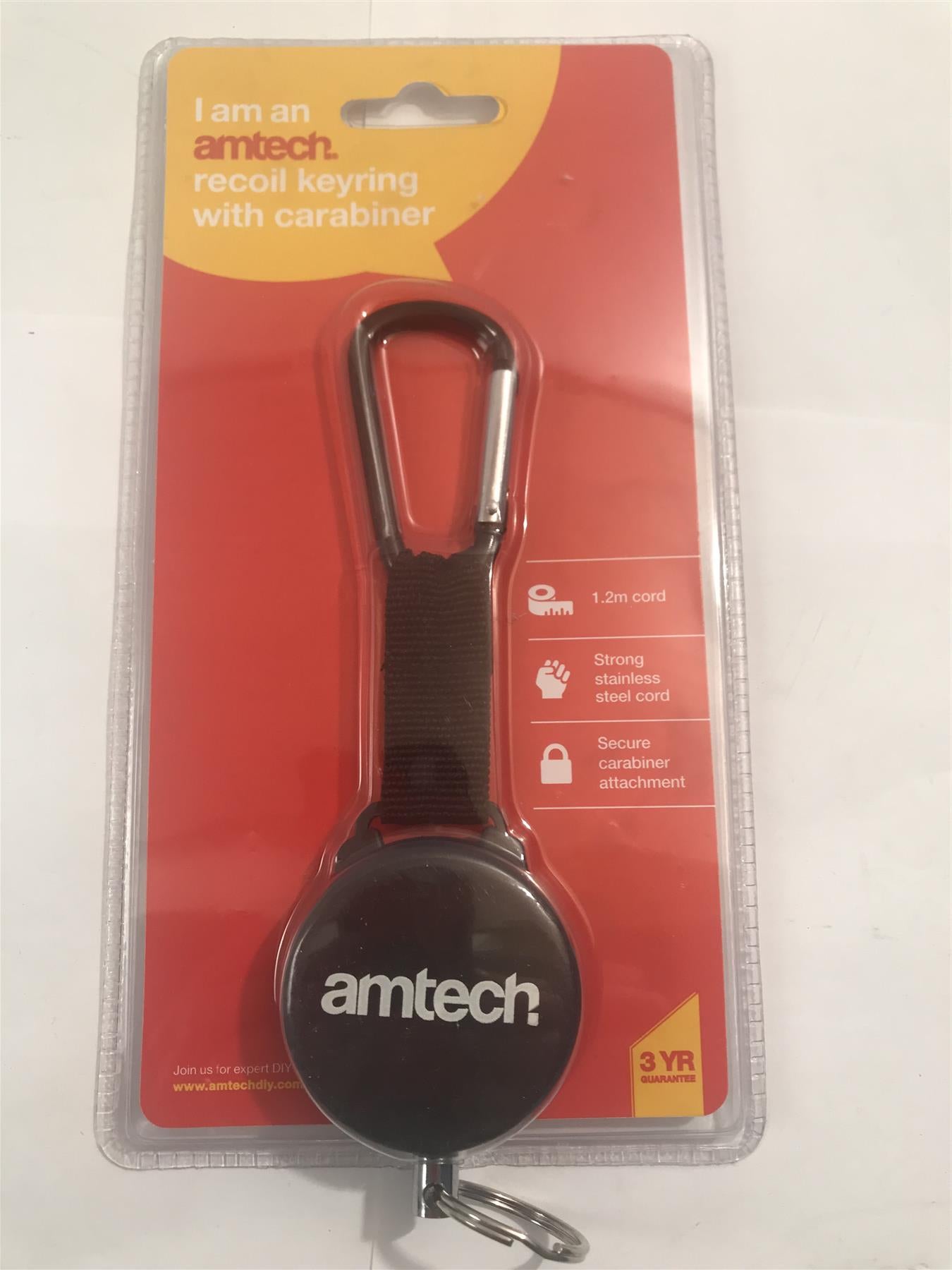 Amtech Recoil Keyring With Carabiner Card Holder Keys Ring Belt Clip Pull  S2928