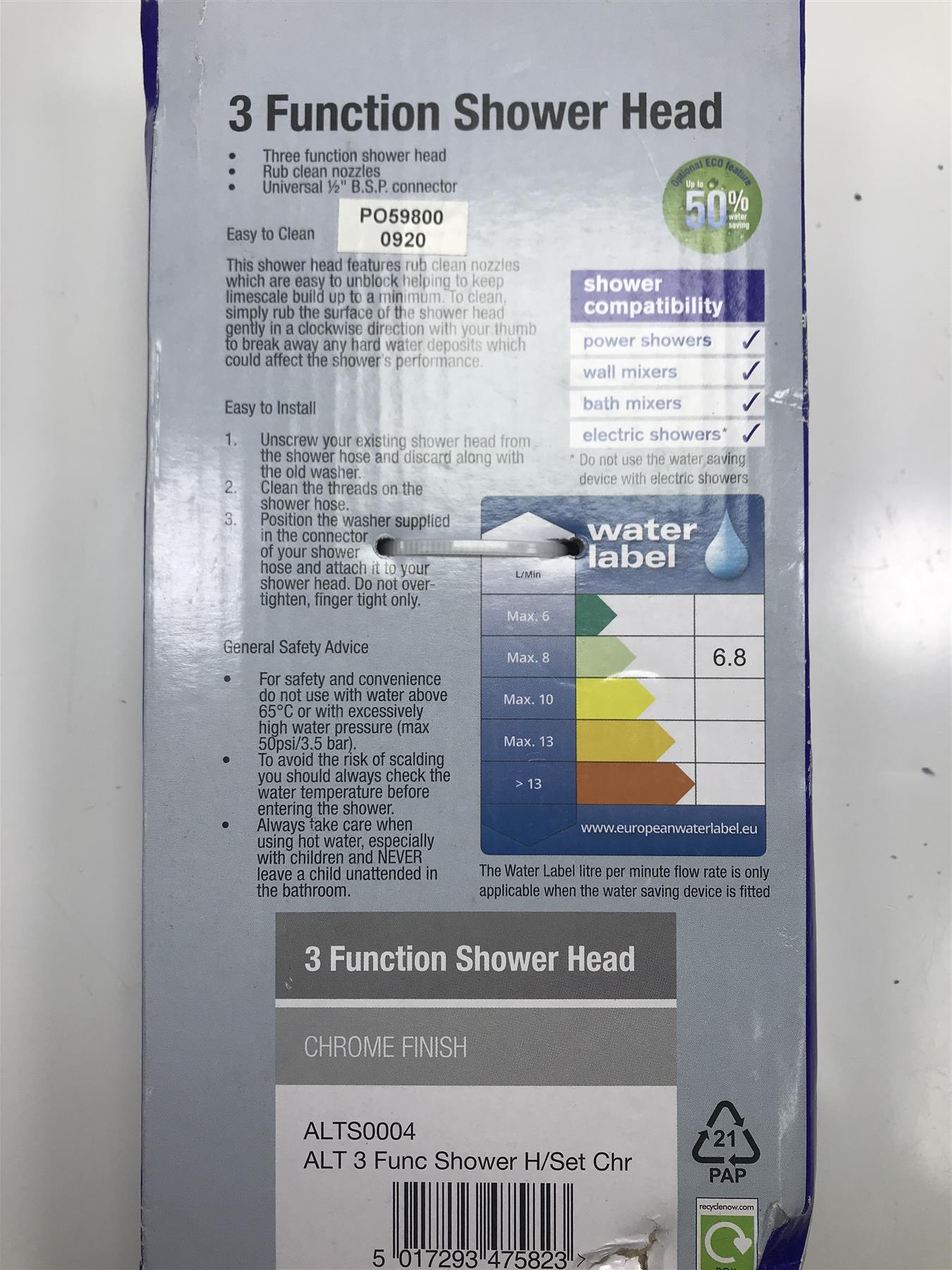 Alterna 3 Function Spray Pattern Bathroom Shower Head Chrome Connector ALTS0004