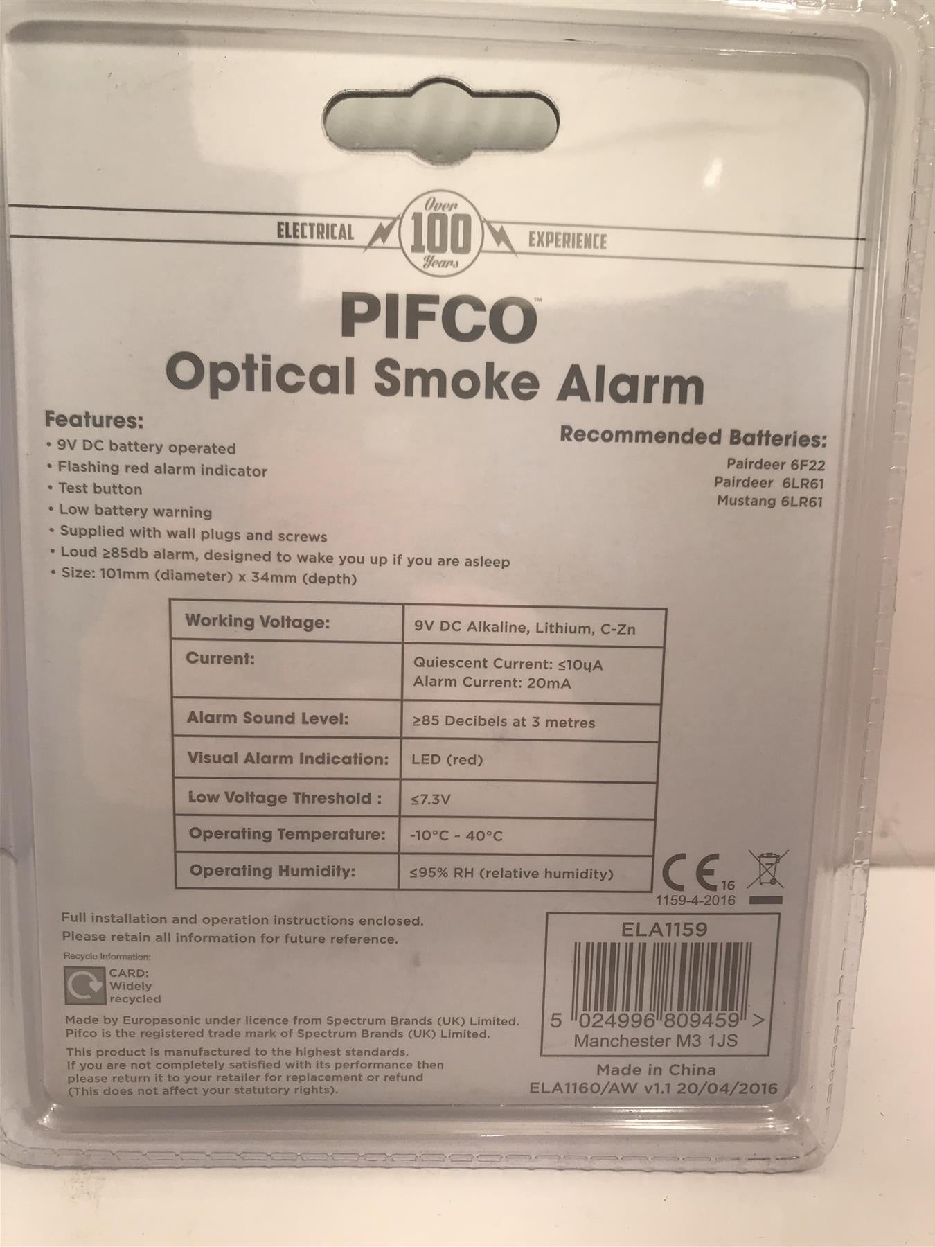 Pifco Optical Smoke Alarm  ELA1159